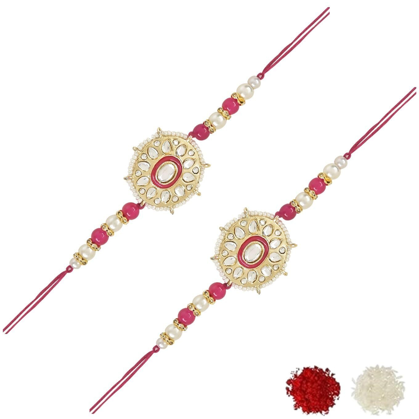 I Jewels Pearl & Kundan Designer Bhaiya Rakhi With Roli Chawal For Brother/Bro/Men With Rakshabandhan Card (R105Q-2) (Pack Of 2)