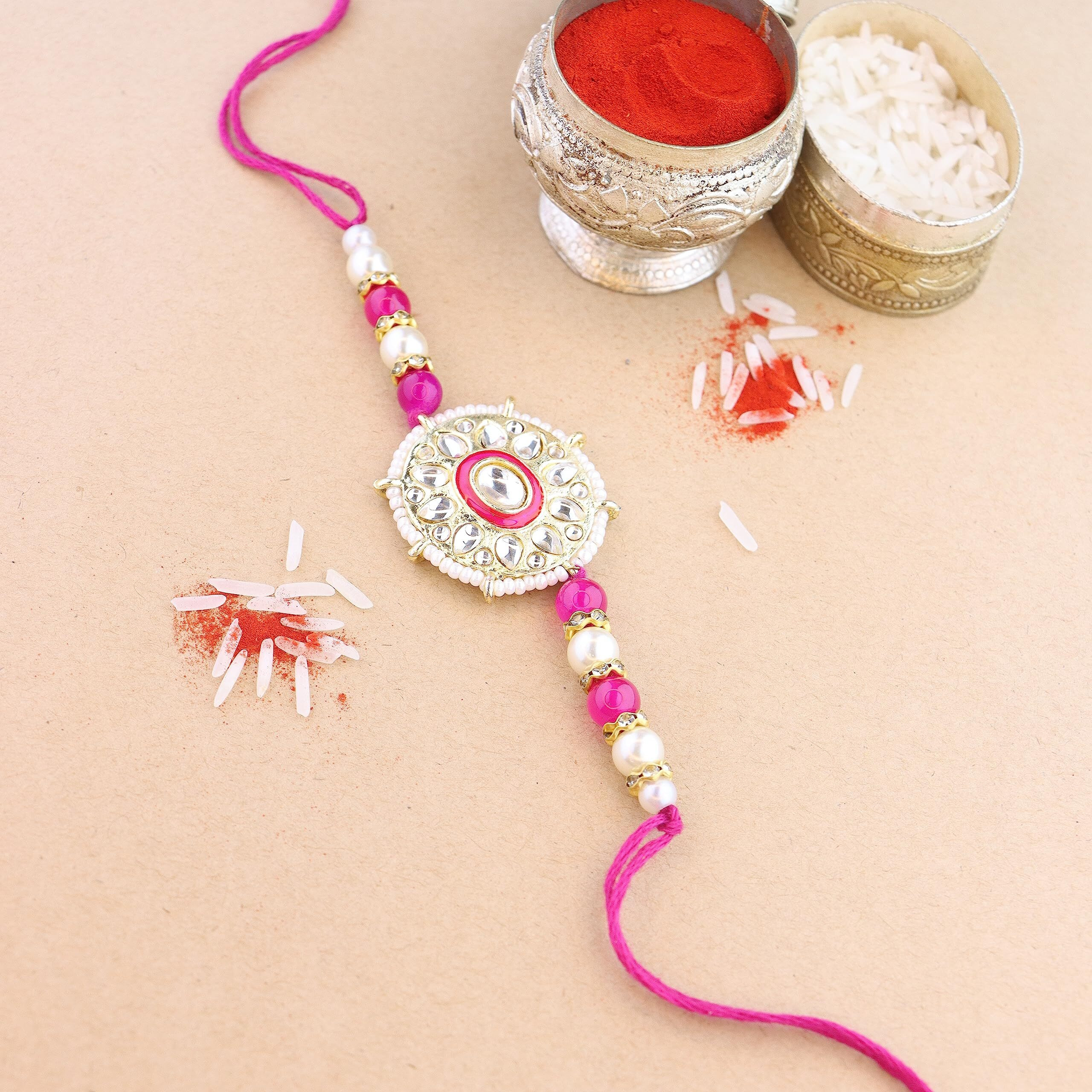 I Jewels Pearl & Kundan Designer Bhaiya Rakhi With Roli Chawal For Brother/Bro/Men With Rakshabandhan Card (R105Q-2) (Pack Of 2)
