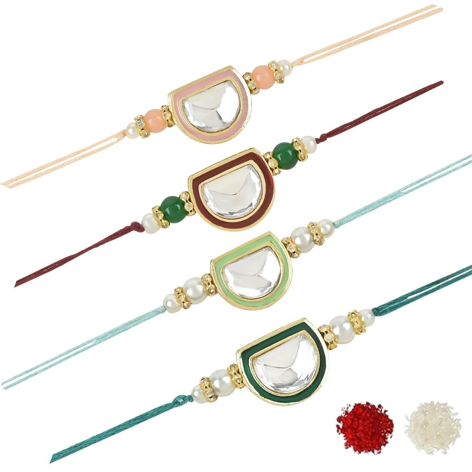 I Jewels Mens Pearl & Kundan Bhaiya Rakhi With Roli Chawal & Rakshabandhan Card For Brother/Bro/Bhai (R095-4) (Pack Of 4)