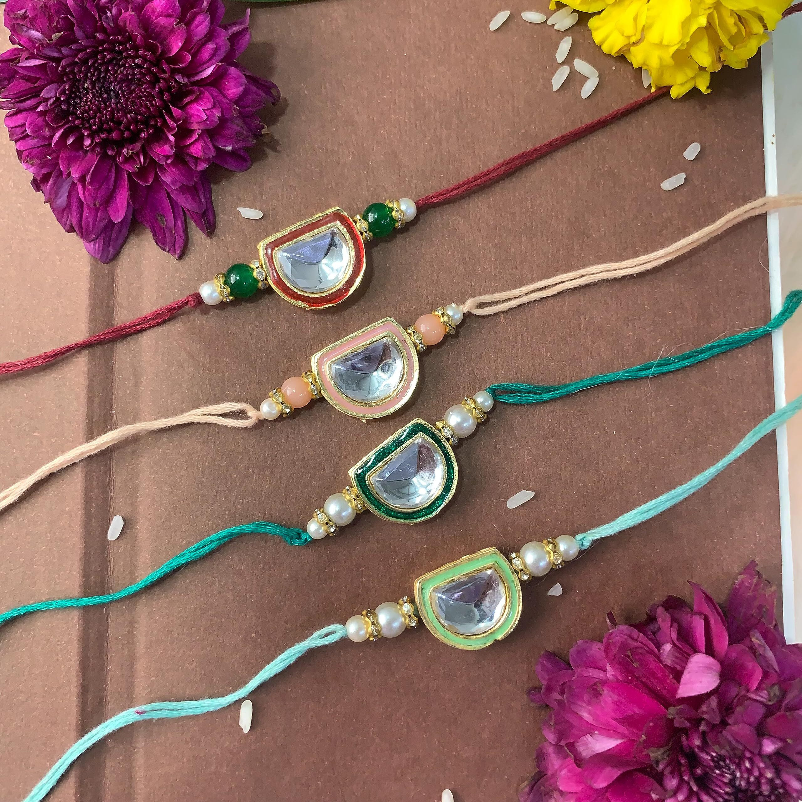 I Jewels Mens Pearl & Kundan Bhaiya Rakhi With Roli Chawal & Rakshabandhan Card For Brother/Bro/Bhai (R095-4) (Pack Of 4)