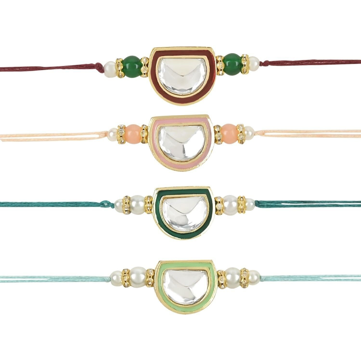 I Jewels Mens Pearl & Kundan Bhaiya Rakhi With Roli Chawal & Rakshabandhan Card For Brother/Bro/Bhai (R095-4) (Pack Of 4)
