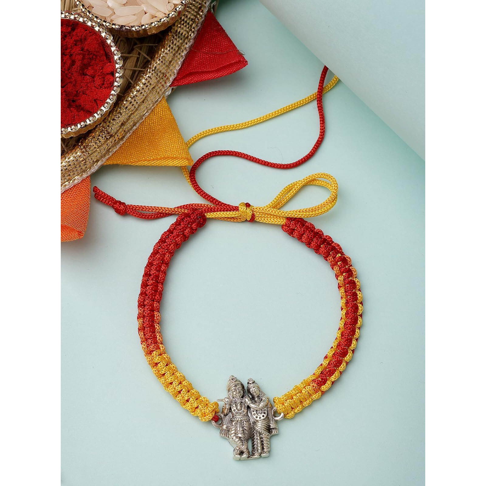 Sukkhi Rakhi 925 Sterling Silver Radha-Krishna Idol Rakhi Bracelet For Men With Roli Chawal & Free Greeting Card With Certificate Of Authenticity | 925 Silver Rakhi For Brother | Rak106991