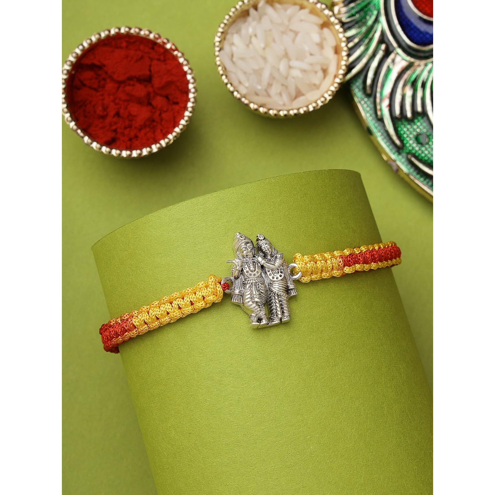 Sukkhi Rakhi 925 Sterling Silver Radha-Krishna Idol Rakhi Bracelet For Men With Roli Chawal & Free Greeting Card With Certificate Of Authenticity | 925 Silver Rakhi For Brother | Rak106991