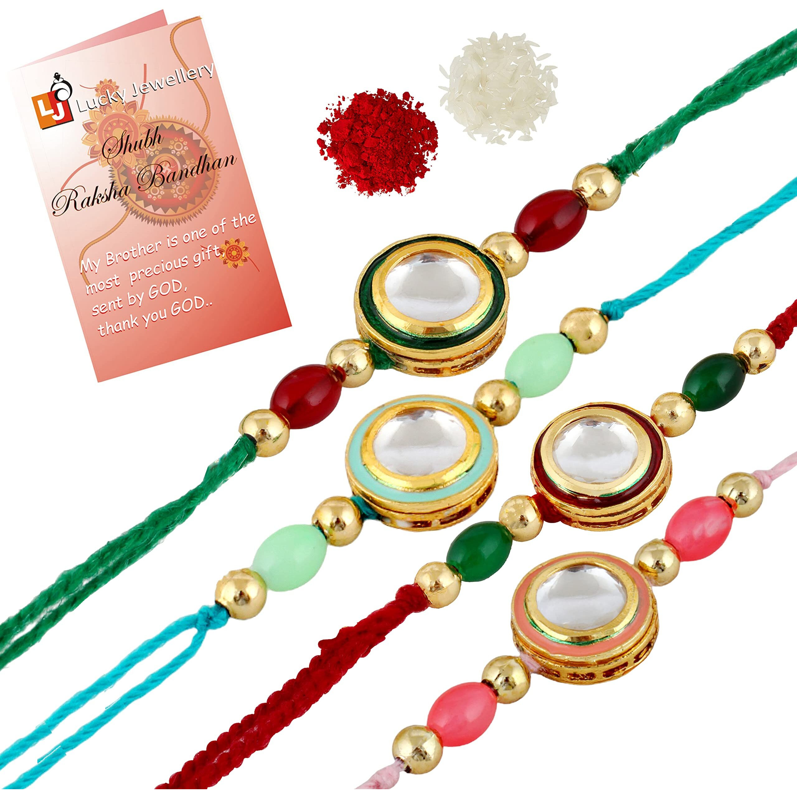 Lucky Jewellery Designer Fancy Traditional Rakhi Set For Men Veera Slogan Peacock Design Red Thread Rakhi Combo For Brother/Bhaiya/Bhabhi (Pack Of 4) Rakshabandan Multicolor Rakhee Rakshasutra