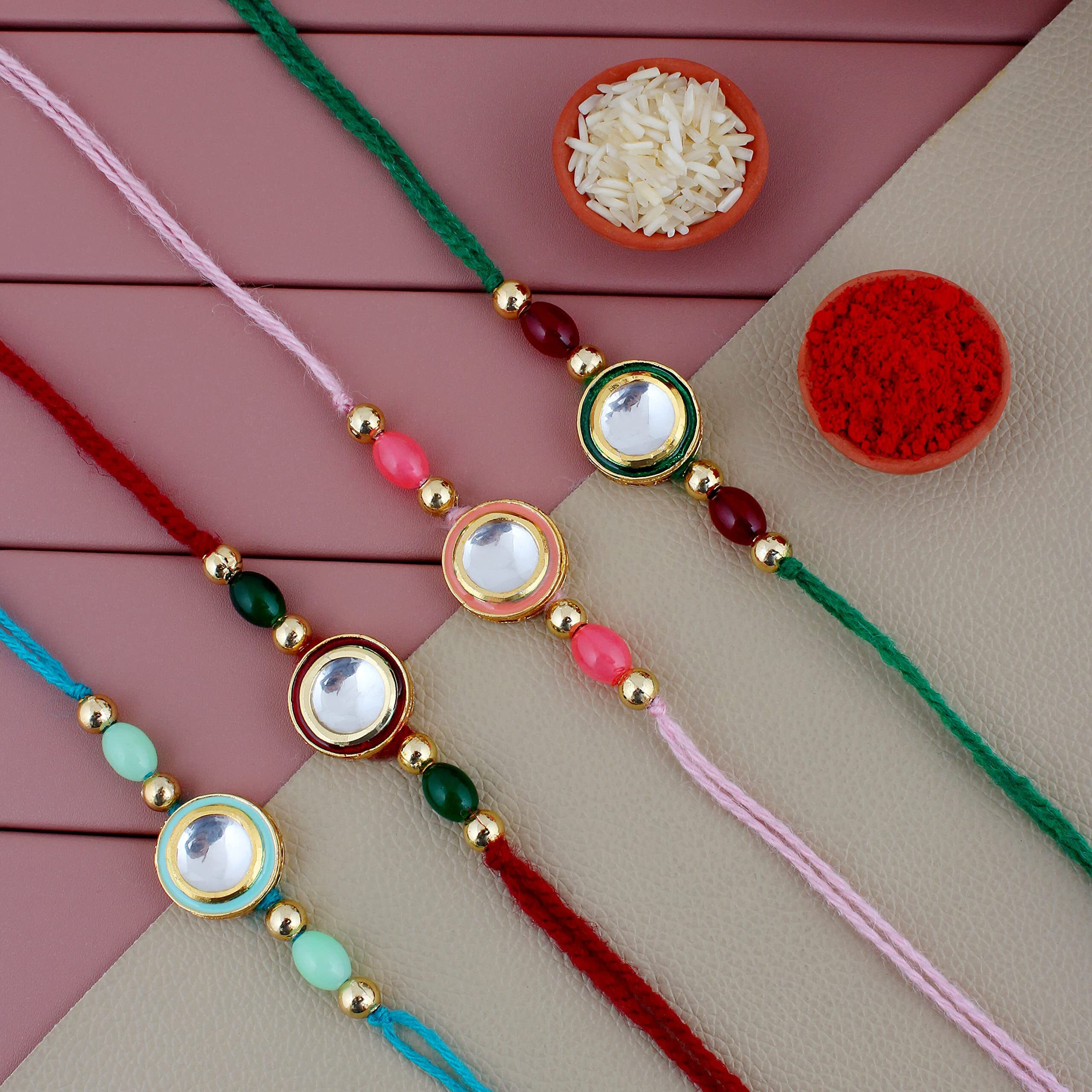Lucky Jewellery Designer Fancy Traditional Rakhi Set For Men Veera Slogan Peacock Design Red Thread Rakhi Combo For Brother/Bhaiya/Bhabhi (Pack Of 4) Rakshabandan Multicolor Rakhee Rakshasutra
