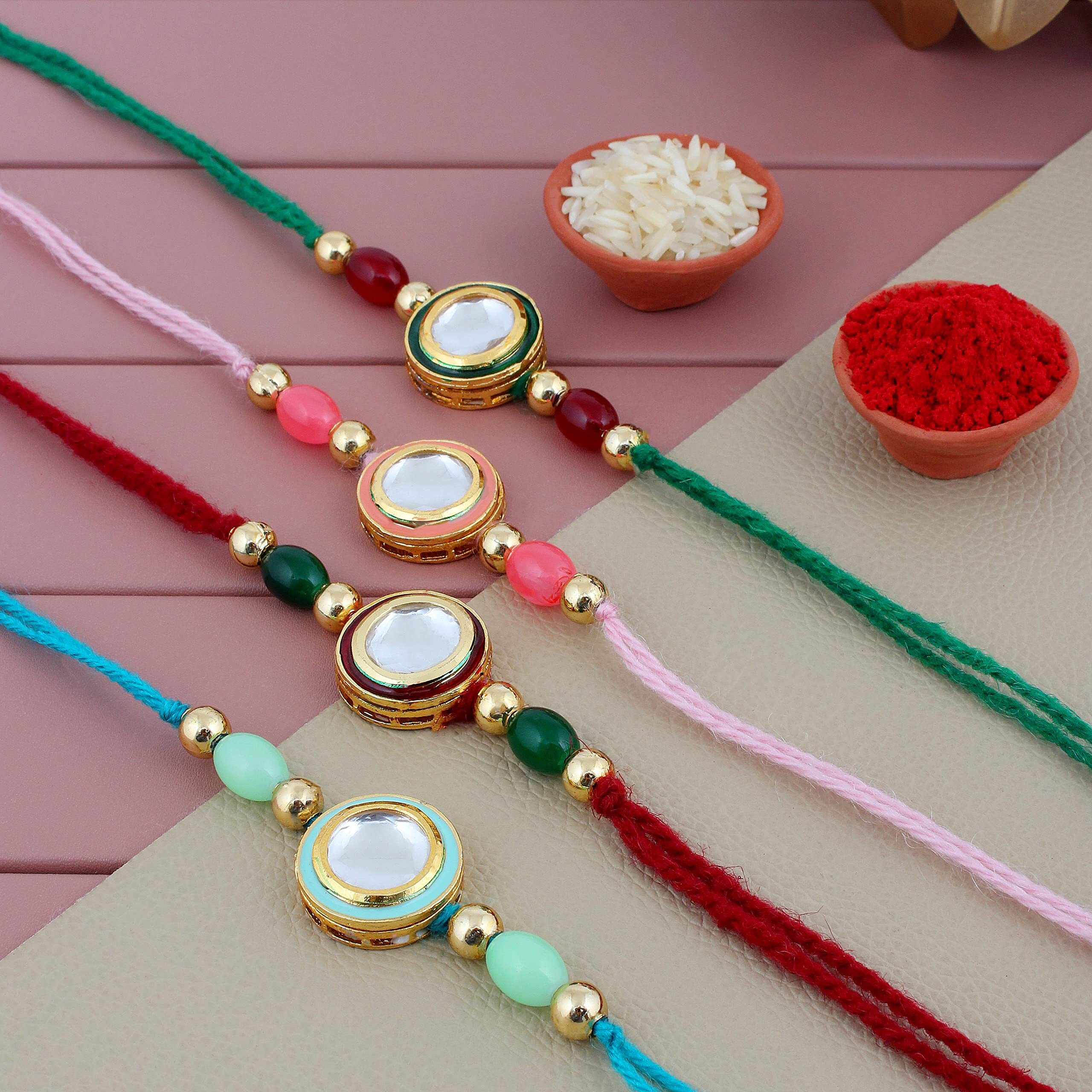 Lucky Jewellery Designer Fancy Traditional Rakhi Set For Men Veera Slogan Peacock Design Red Thread Rakhi Combo For Brother/Bhaiya/Bhabhi (Pack Of 4) Rakshabandan Multicolor Rakhee Rakshasutra