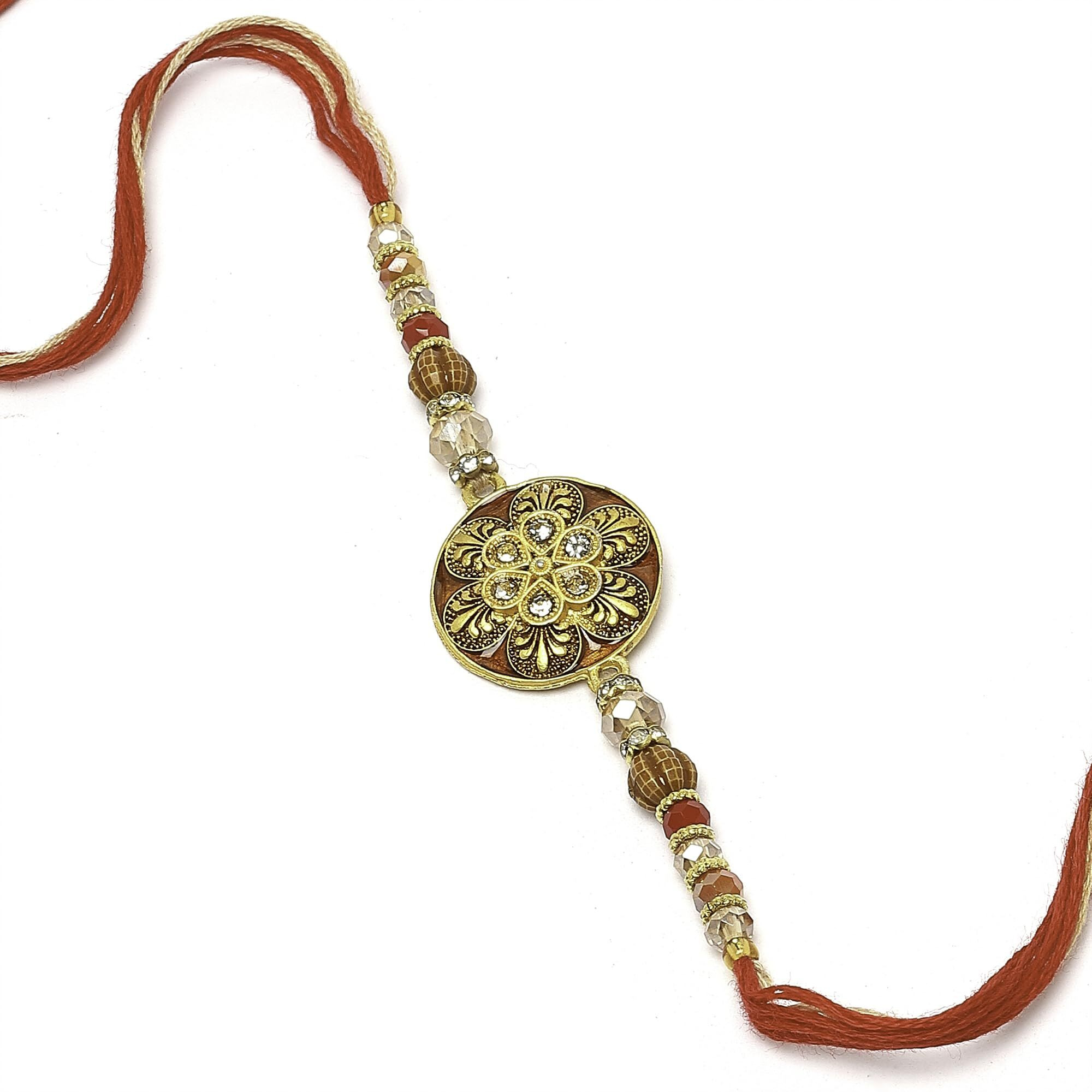 Zeneme Rakhi For Bhaiya Gold-Plated Stones And Beads Studded Rakhi For Bhai With Roli Chawal And Raksha Bandhan Greeting Card For Bhai