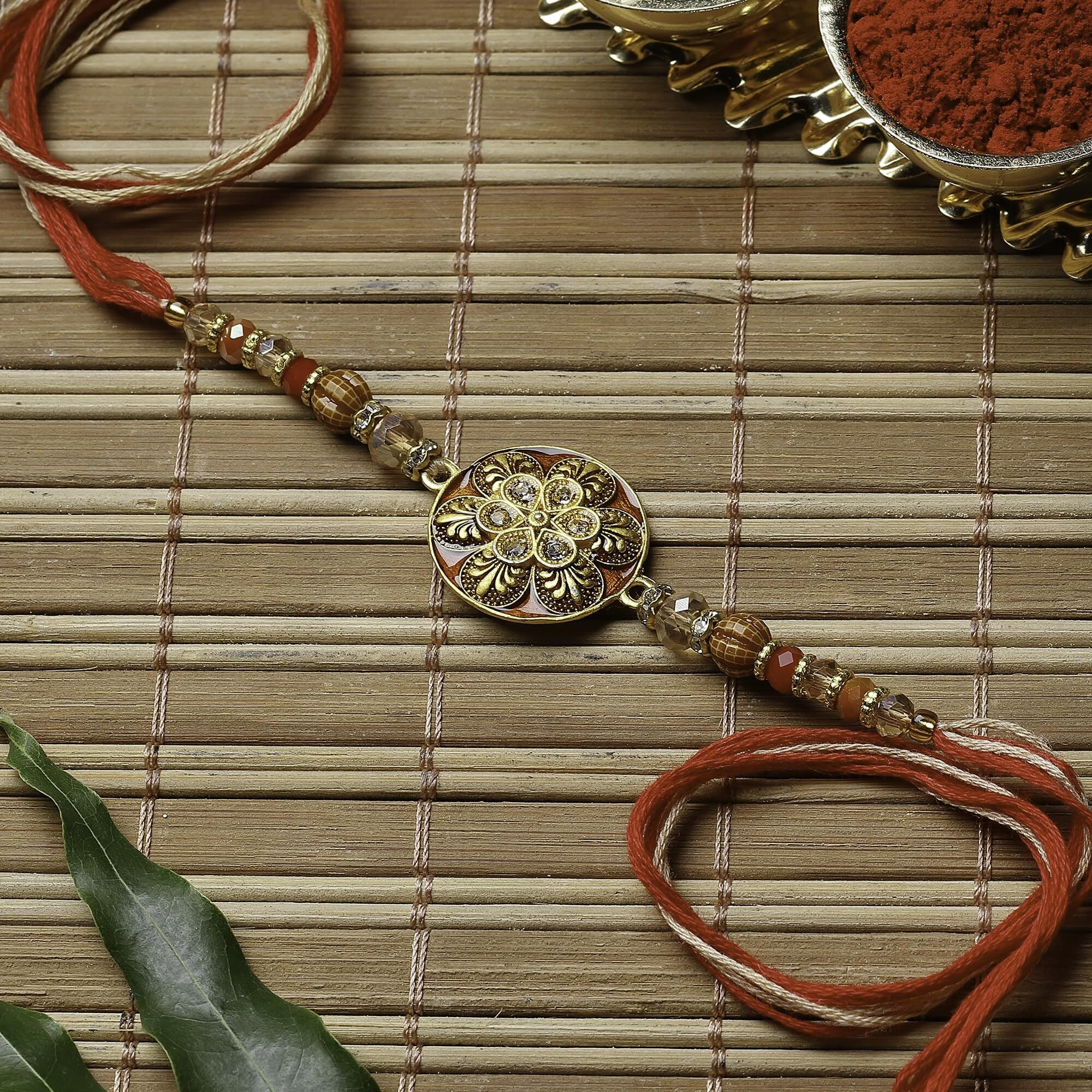Zeneme Rakhi For Bhaiya Gold-Plated Stones And Beads Studded Rakhi For Bhai With Roli Chawal And Raksha Bandhan Greeting Card For Bhai