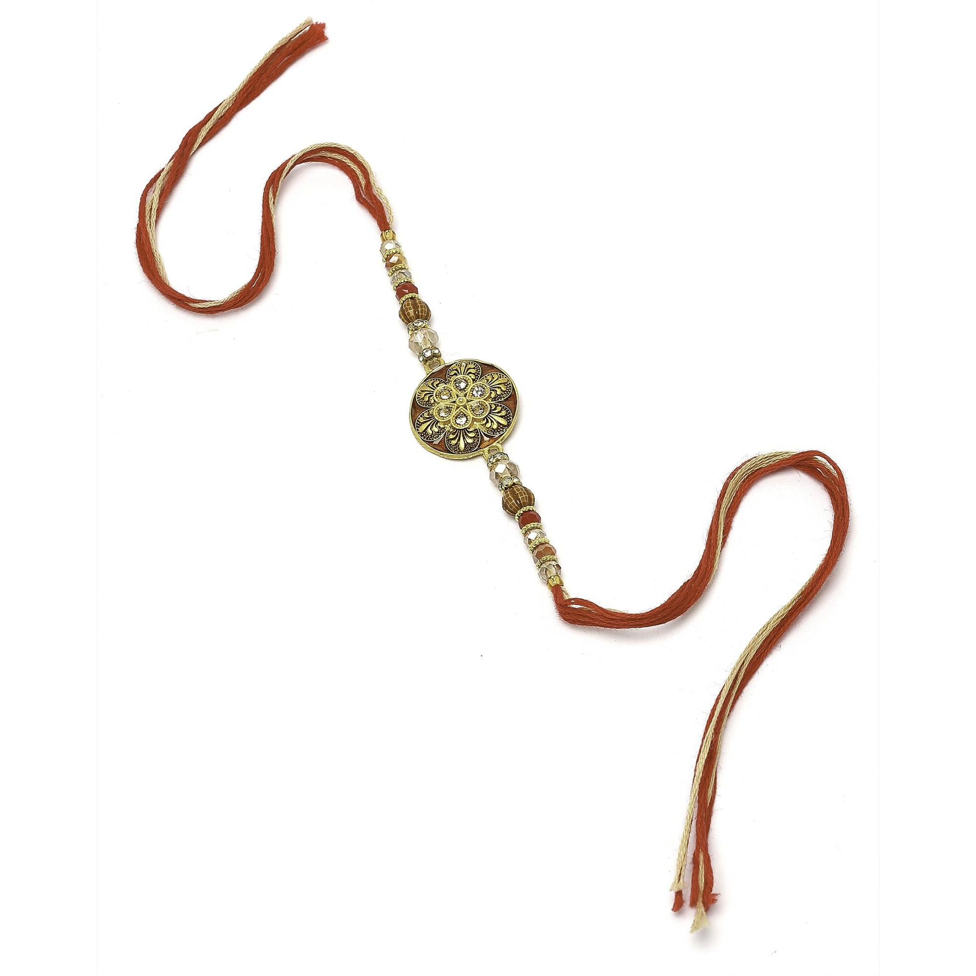 Zeneme Rakhi For Bhaiya Gold-Plated Stones And Beads Studded Rakhi For Bhai With Roli Chawal And Raksha Bandhan Greeting Card For Bhai