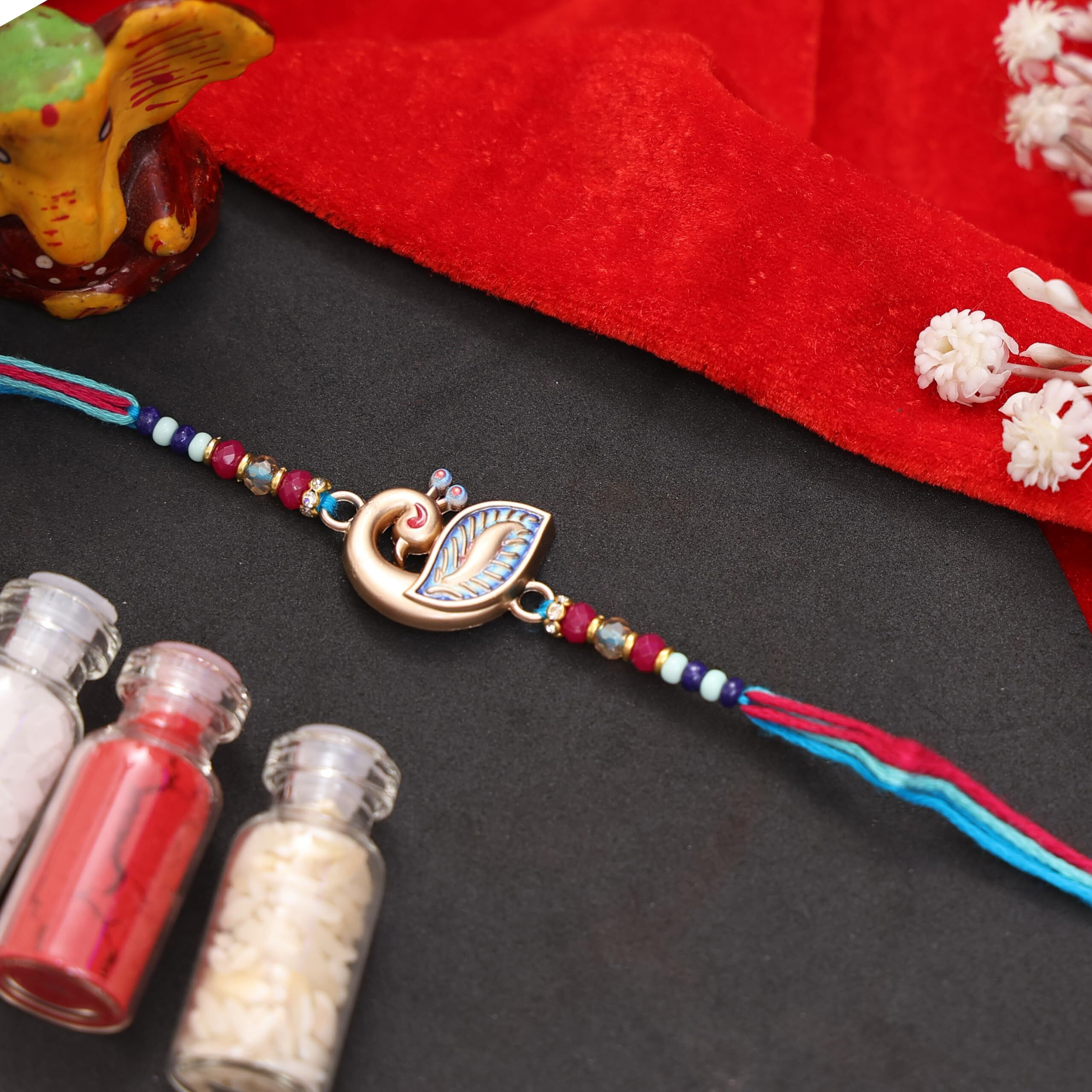 Fashion Frill Rakhi For Bhaiya Peacock Design Rakhi With Black Leather Bracelet For Boys Rakhi Gift For Brother/Bro/Bhai Combo Pack Of 2