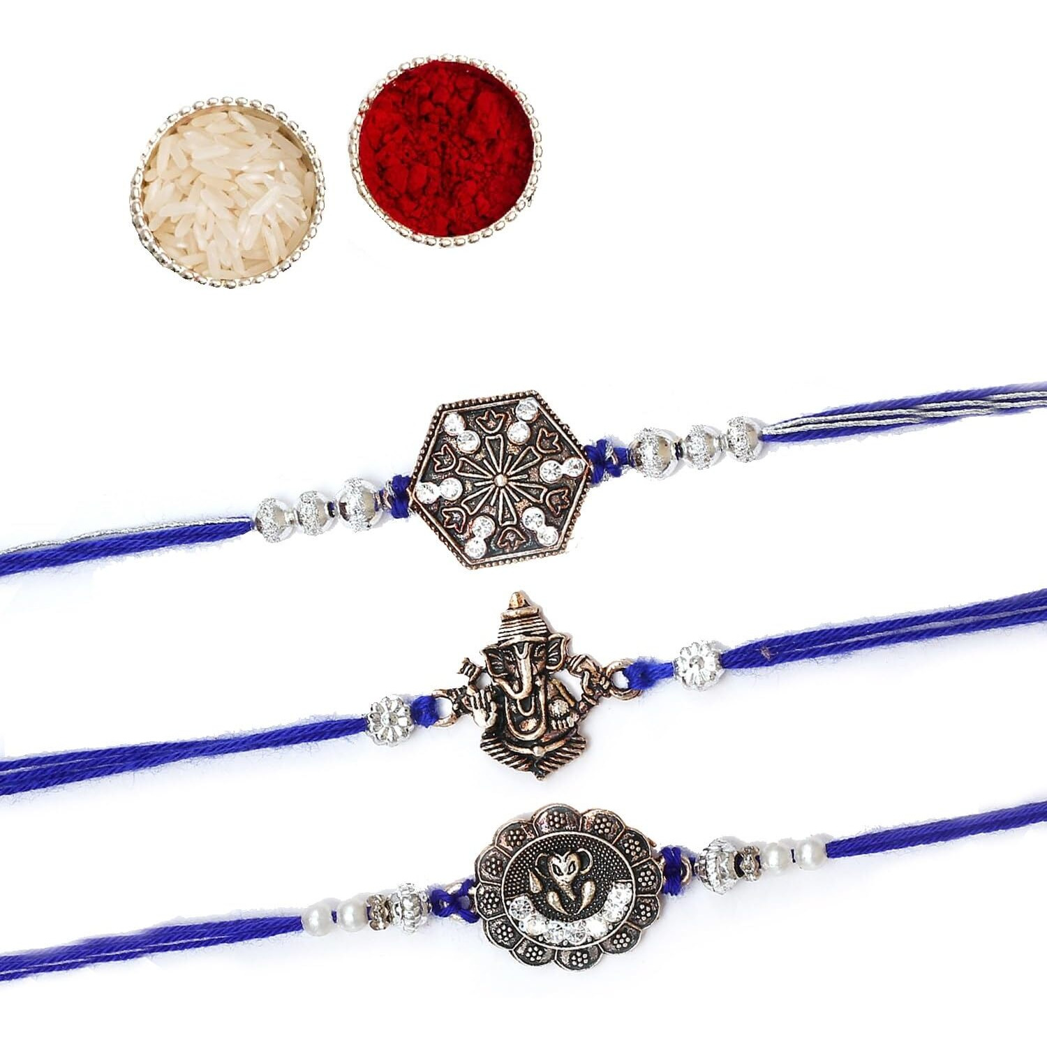 The Purple Tree Divine Silver Ganesha Rakhi Set For Bhai With Roli Chawal And Card (Pack Of 3), Handmade Rakhi For Brother, Rakshabandhan Gift For Bhai, Best Rakhi For Bhaiya
