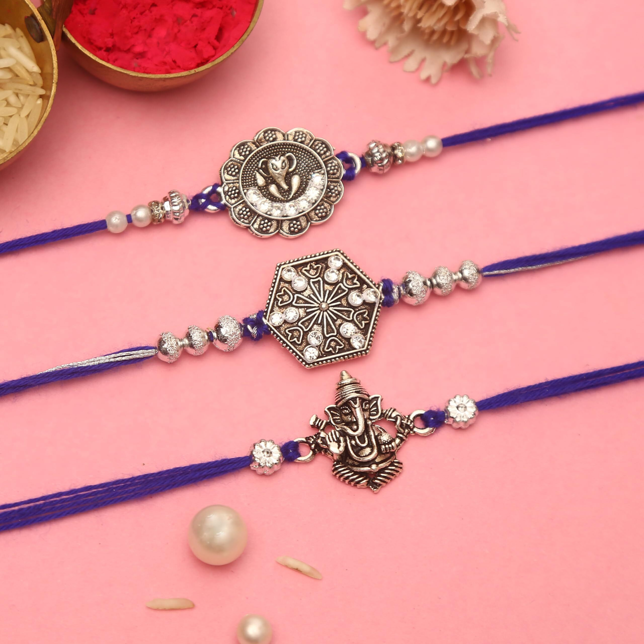 The Purple Tree Divine Silver Ganesha Rakhi Set For Bhai With Roli Chawal And Card (Pack Of 3), Handmade Rakhi For Brother, Rakshabandhan Gift For Bhai, Best Rakhi For Bhaiya
