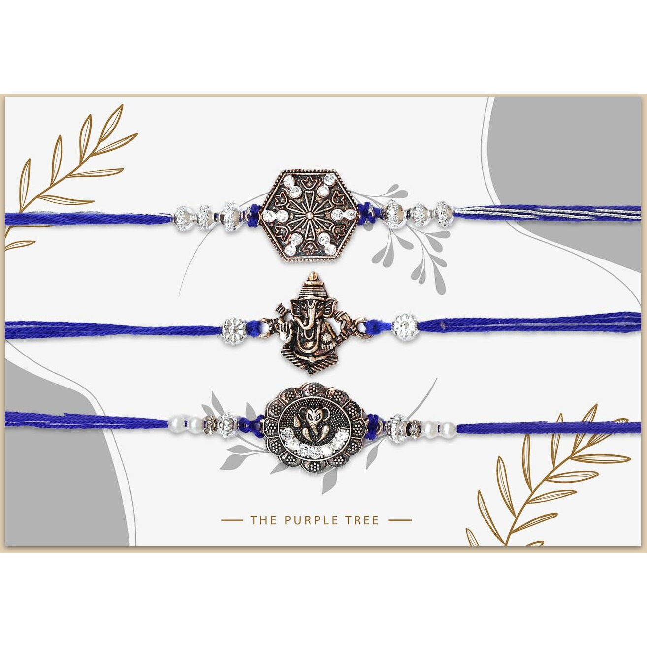The Purple Tree Divine Silver Ganesha Rakhi Set For Bhai With Roli Chawal And Card (Pack Of 3), Handmade Rakhi For Brother, Rakshabandhan Gift For Bhai, Best Rakhi For Bhaiya