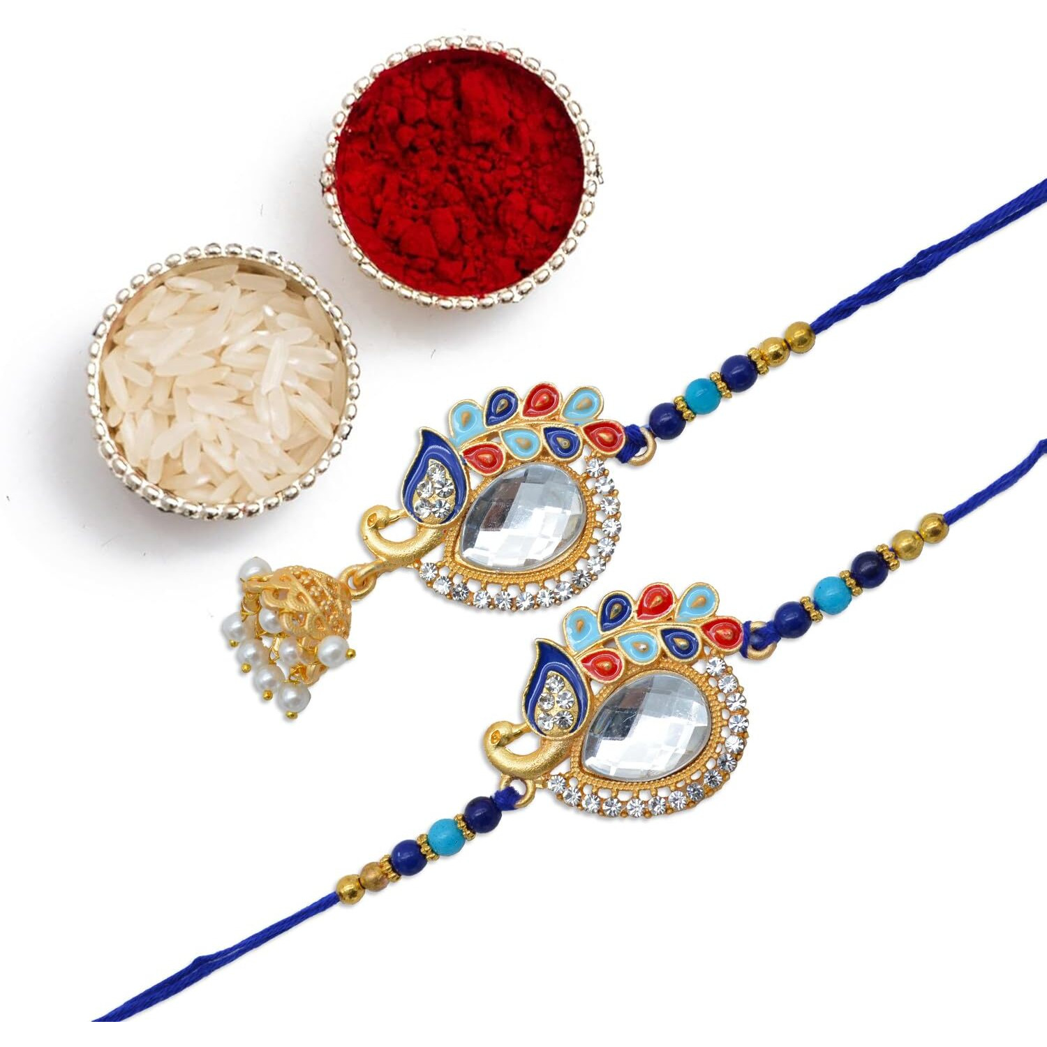 The Purple Tree Beautiful Peacock Crystal Rakhi For Unisex Adult With Roli Chawal And Card (Pack Of 2) - Rakhi For Bhai, Bhaiya Bhabhi, Lumba Rakhi Bracelet