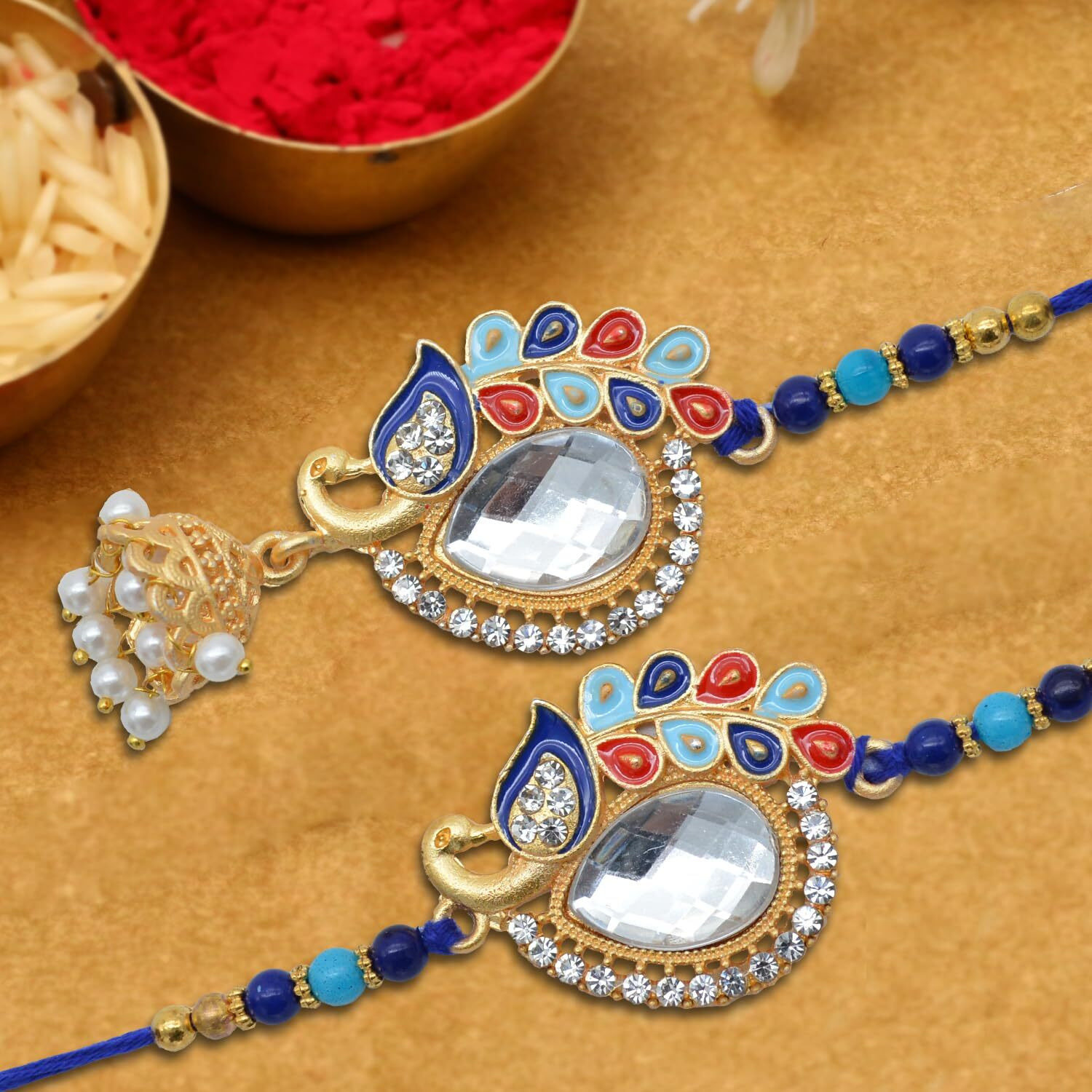 The Purple Tree Beautiful Peacock Crystal Rakhi For Unisex Adult With Roli Chawal And Card (Pack Of 2) - Rakhi For Bhai, Bhaiya Bhabhi, Lumba Rakhi Bracelet