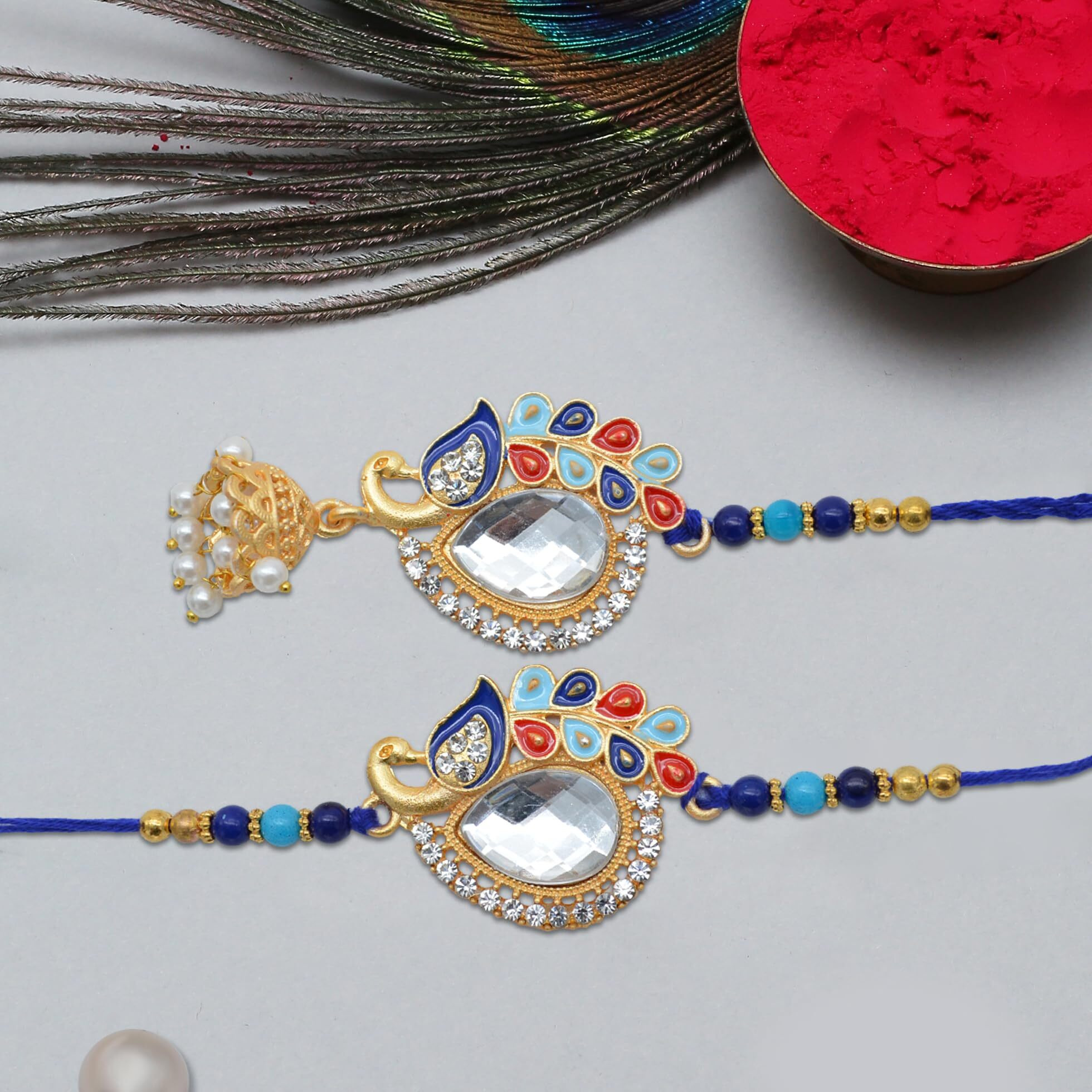 The Purple Tree Beautiful Peacock Crystal Rakhi For Unisex Adult With Roli Chawal And Card (Pack Of 2) - Rakhi For Bhai, Bhaiya Bhabhi, Lumba Rakhi Bracelet