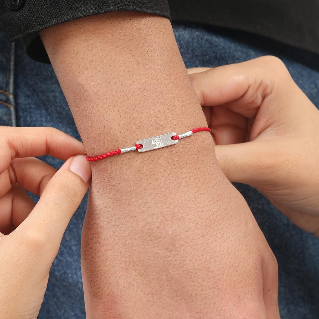 Zavya 925 Sterling Silver Swastik Minimal Rhodium Plating Silver Rakhi | Rakhi For Brother- Rakshabandhan | Gift For Men & Boys |1 Year Plating Warranty | Gift For Brother