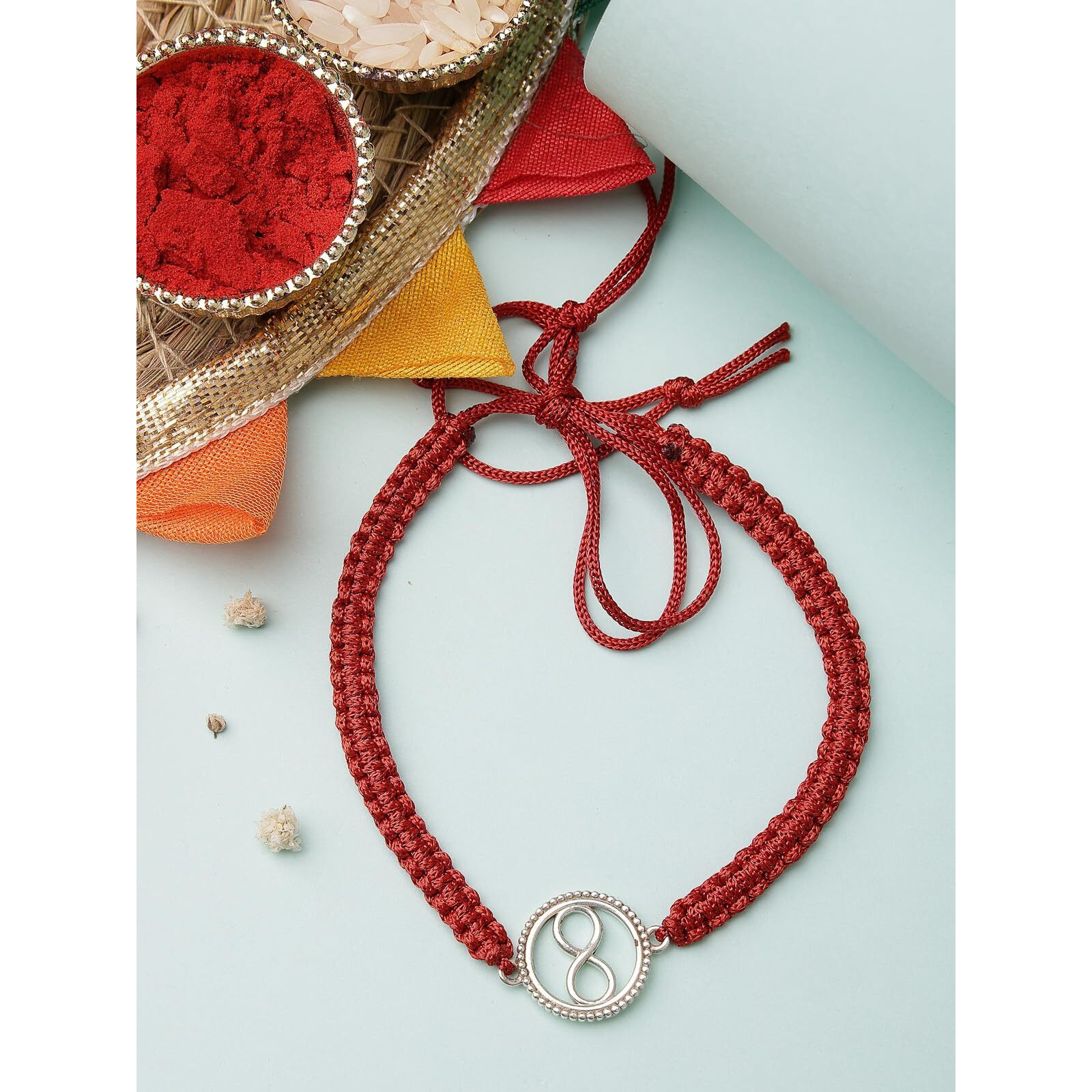 Sukkhi Rakhi 925 Sterling Silver Designer Infinity Silver Rakhi Bracelet For Men With Roli Chawal & Free Greeting Card With Certificate Of Authenticity | 925 Silver Rakhi For Brother | Rak106996