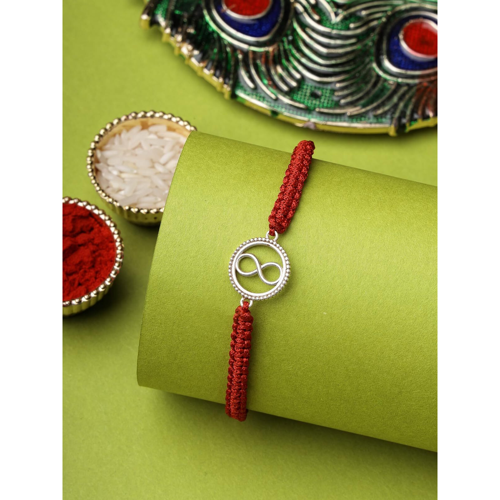 Sukkhi Rakhi 925 Sterling Silver Designer Infinity Silver Rakhi Bracelet For Men With Roli Chawal & Free Greeting Card With Certificate Of Authenticity | 925 Silver Rakhi For Brother | Rak106996