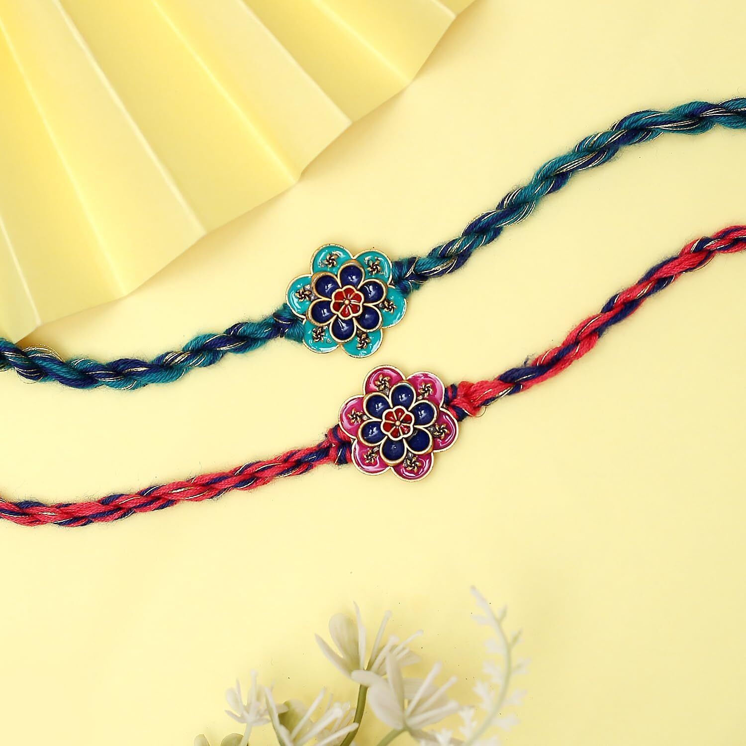 The Purple Tree Meenakari Pink And Green Floral Rakhis For Men With Roli Chawal And Card (Pack Of 2) Rakhi For Bhai, Rakshabandhan Gift, Rakhi Gift, Best Rakhi For Brother