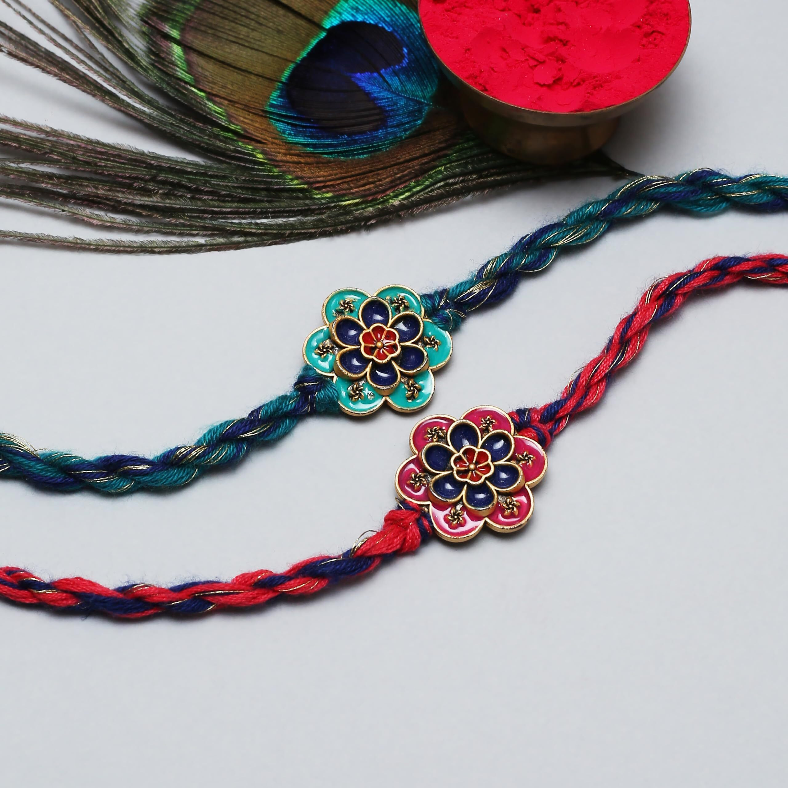 The Purple Tree Meenakari Pink And Green Floral Rakhis For Men With Roli Chawal And Card (Pack Of 2) Rakhi For Bhai, Rakshabandhan Gift, Rakhi Gift, Best Rakhi For Brother