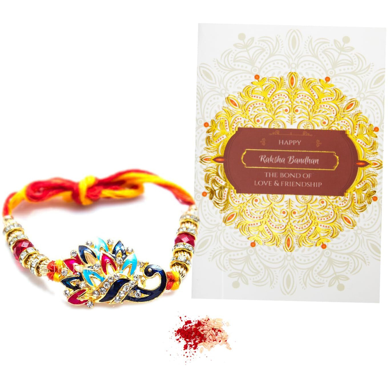 To The Nines Peacock Rakhi For Brother With Greeting Card & Tilak Material
