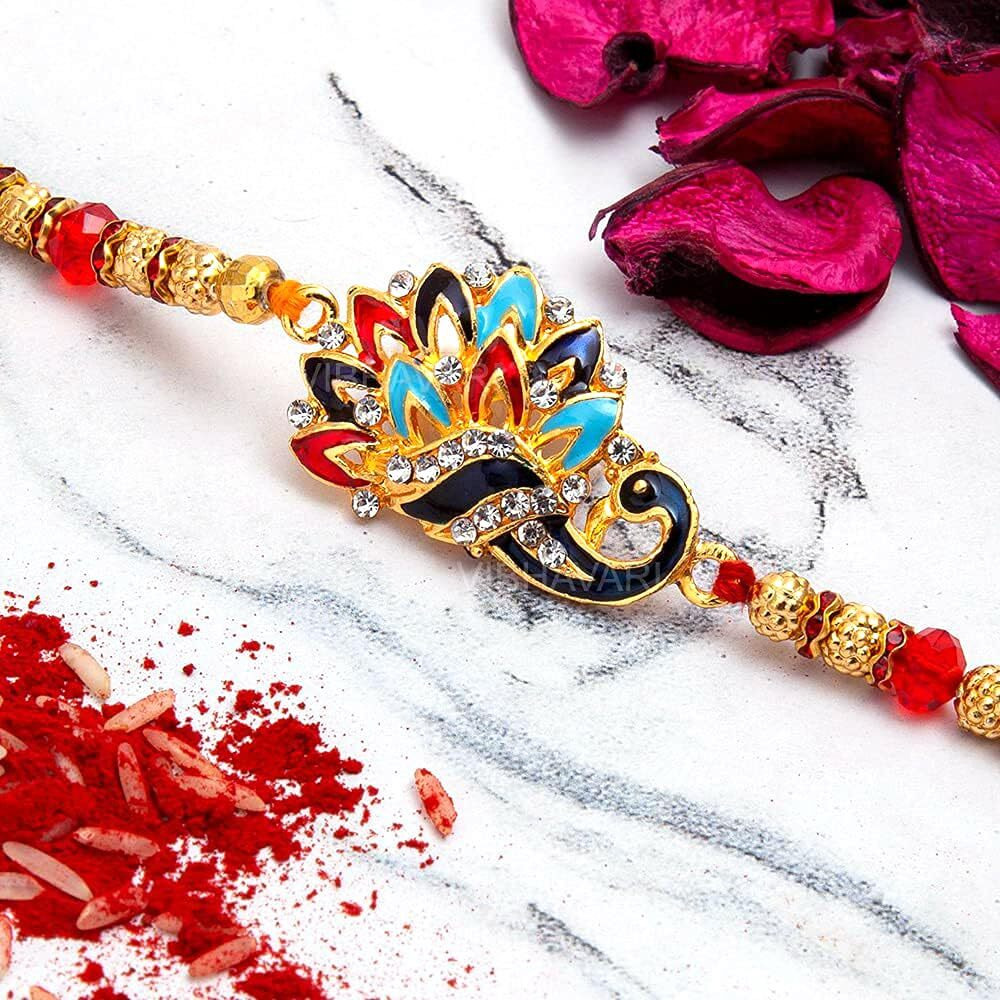To The Nines Peacock Rakhi For Brother With Greeting Card & Tilak Material