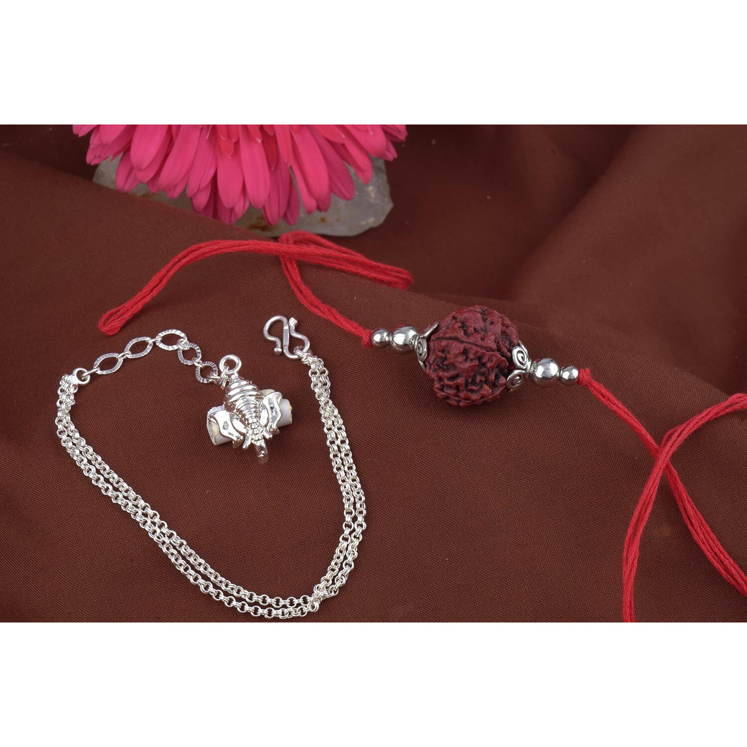 Jfl-Jewelleryforless Handmade Rakhi Combo Couple Pair Panch Mukhi Rudraksh And Ganesha Charm Unisex Bracelet Silver Plated Set For Bhaiya Bhabhi With Roli Chawal And Written Greeting Note