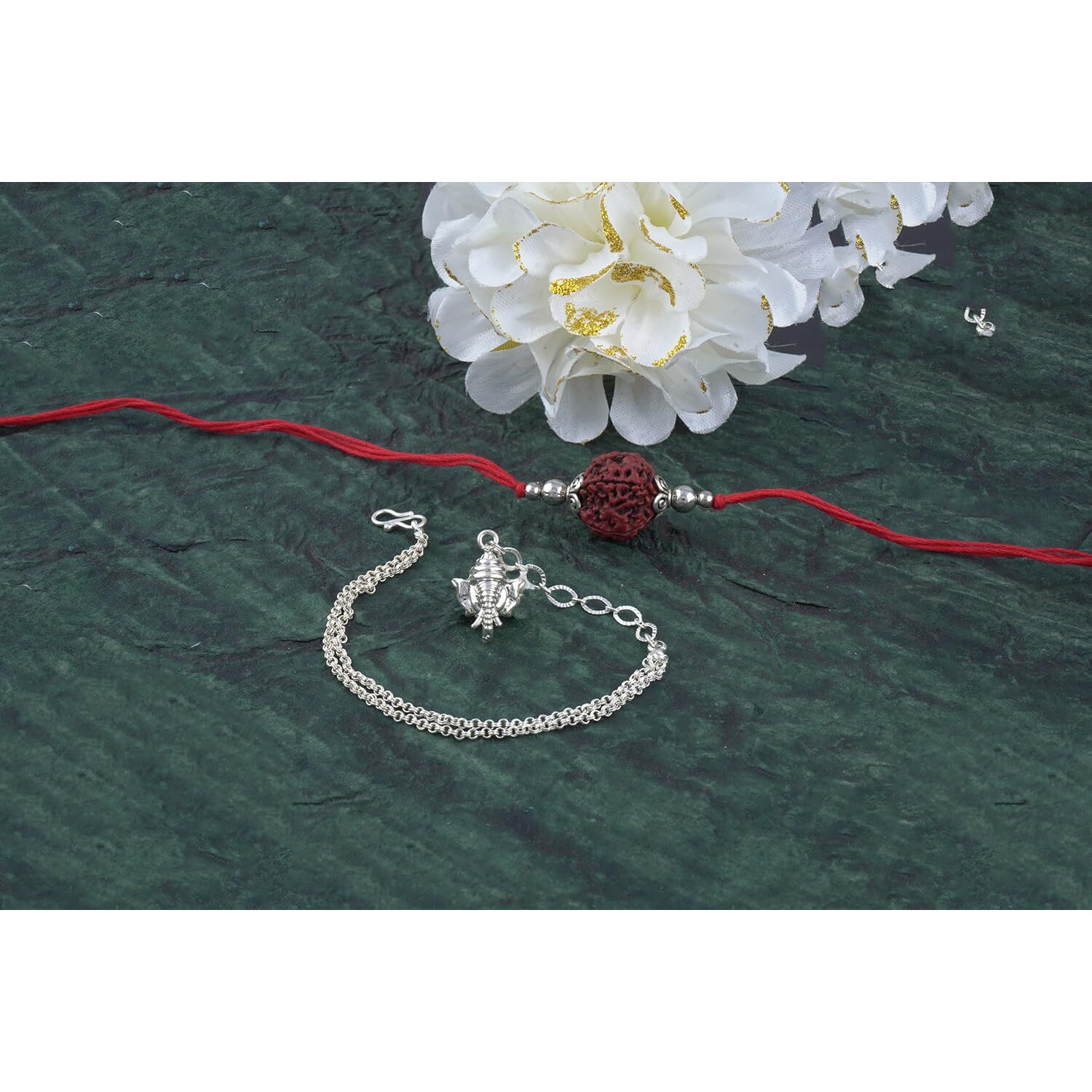 Jfl-Jewelleryforless Handmade Rakhi Combo Couple Pair Panch Mukhi Rudraksh And Ganesha Charm Unisex Bracelet Silver Plated Set For Bhaiya Bhabhi With Roli Chawal And Written Greeting Note