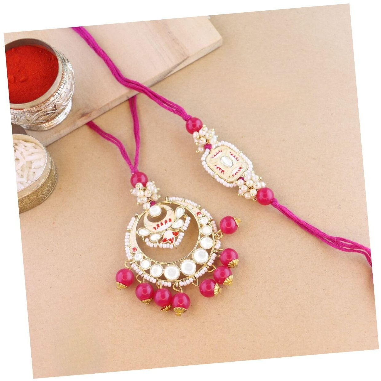 I Jewels Mens Kundan & Pearl Hanging Bhaiya Bhabhi Lumba Rakhi Combo Set With Roli Chawal And Rakshabandhan Card (R106Q-Co)