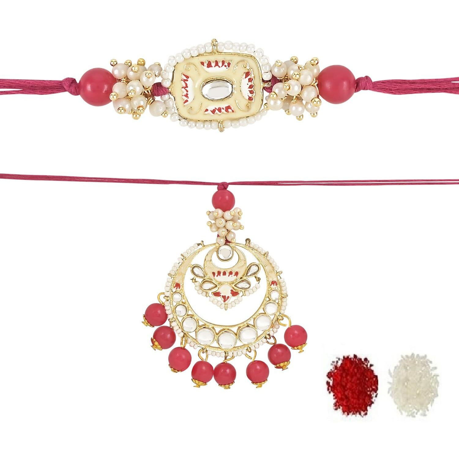 I Jewels Mens Kundan & Pearl Hanging Bhaiya Bhabhi Lumba Rakhi Combo Set With Roli Chawal And Rakshabandhan Card (R106Q-Co)