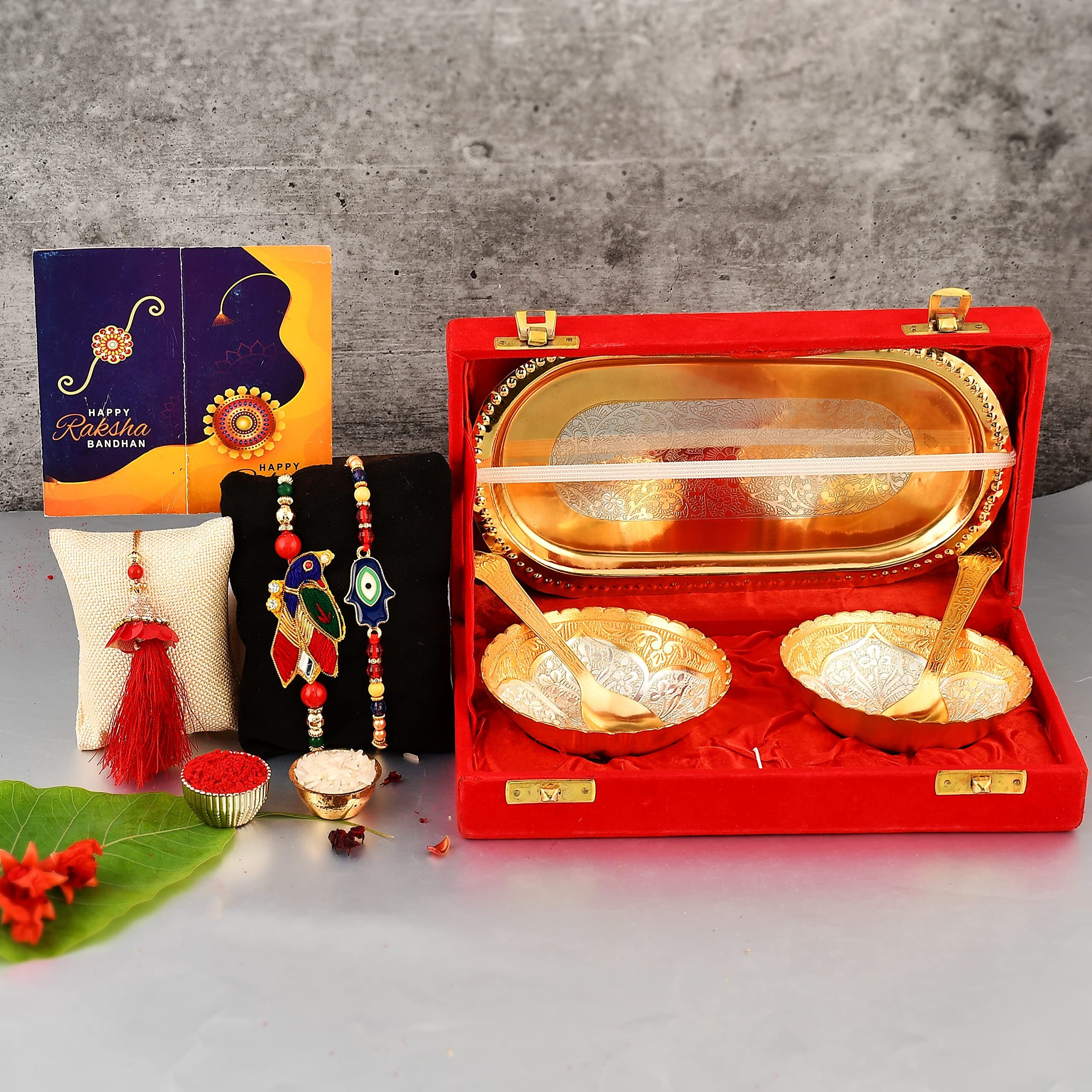 Yalambar Rakhi Gift Combo Set - Rakhi For Rakshabandhan Gifts For Bhaiya Bhabhi- Floral Bowl Set With Royal Velvet Gift Box + Rakhi Set Of 3 +Roli Chawal + Free Rakhi Card-Yal-02-855