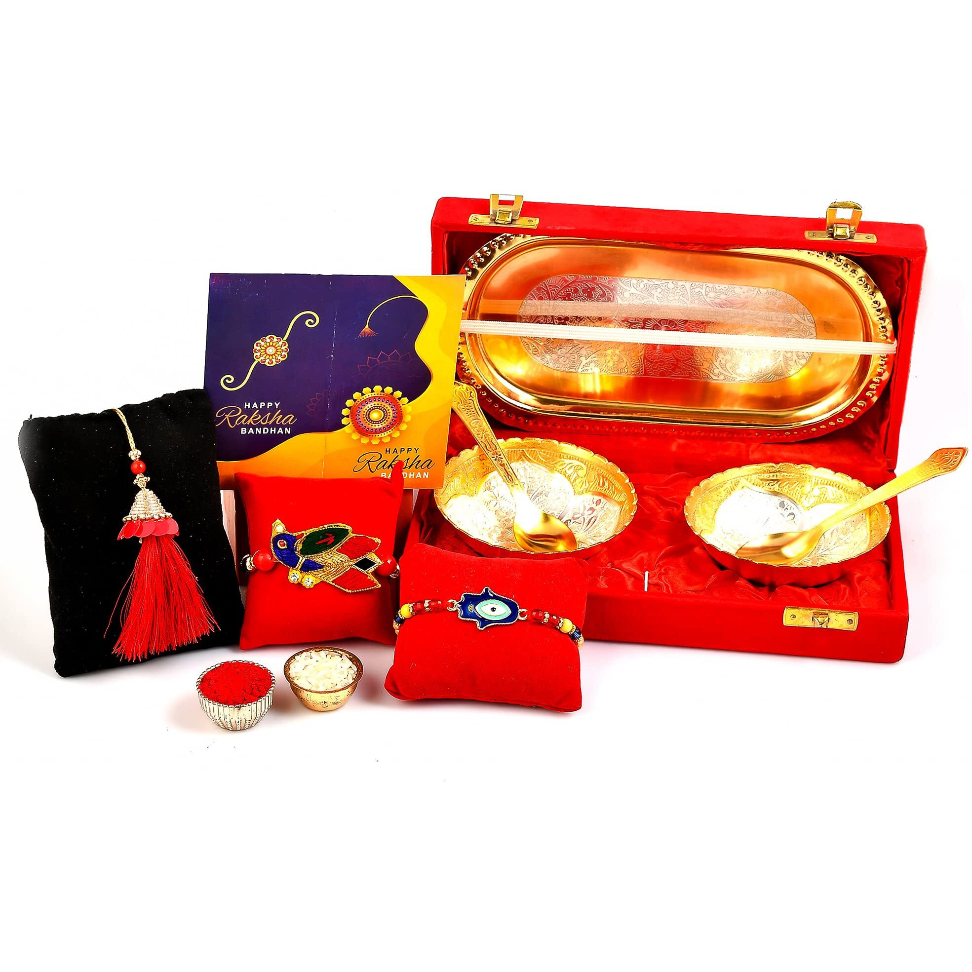 Yalambar Rakhi Gift Combo Set - Rakhi For Rakshabandhan Gifts For Bhaiya Bhabhi- Floral Bowl Set With Royal Velvet Gift Box + Rakhi Set Of 3 +Roli Chawal + Free Rakhi Card-Yal-02-855