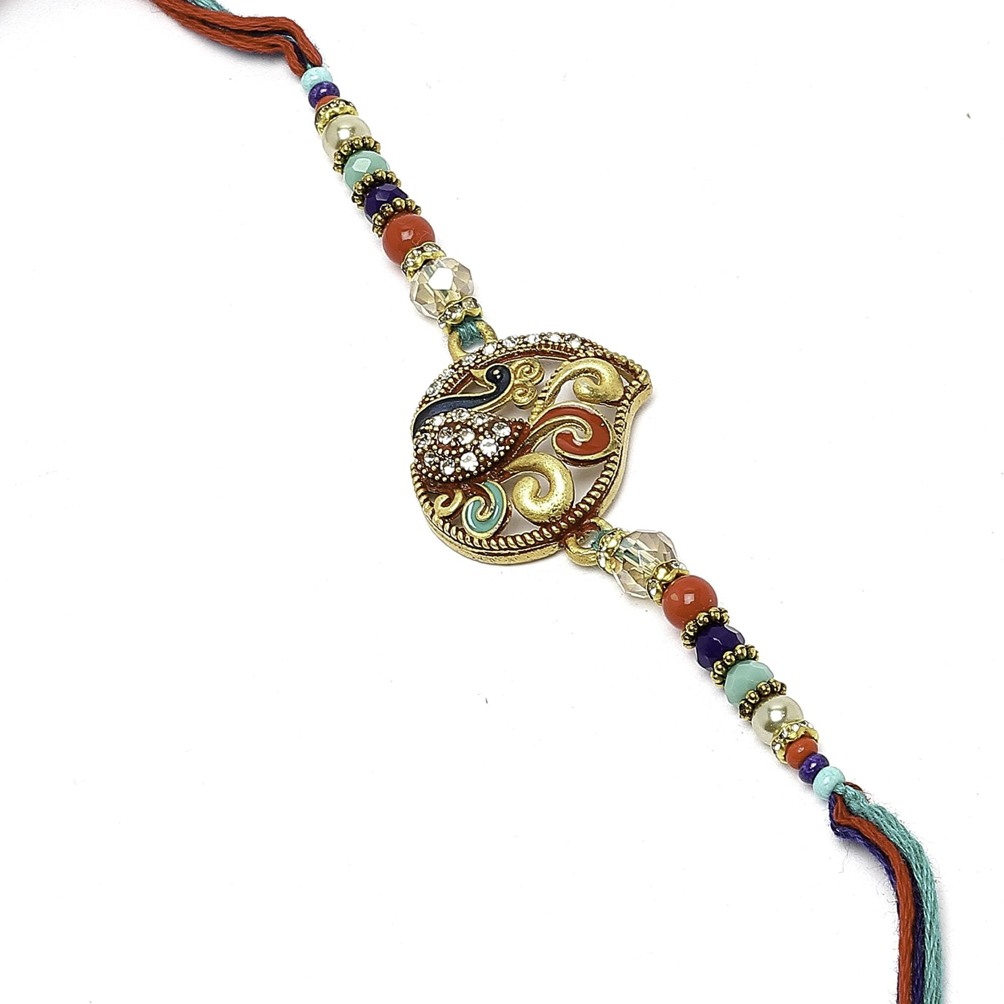 Zeneme Rakhi For Bhai Gold-Plated Craved & Enamelled Mor Rakhi With Roli Chawal And Raksha Bandhan Greeting Card For Bhaiya