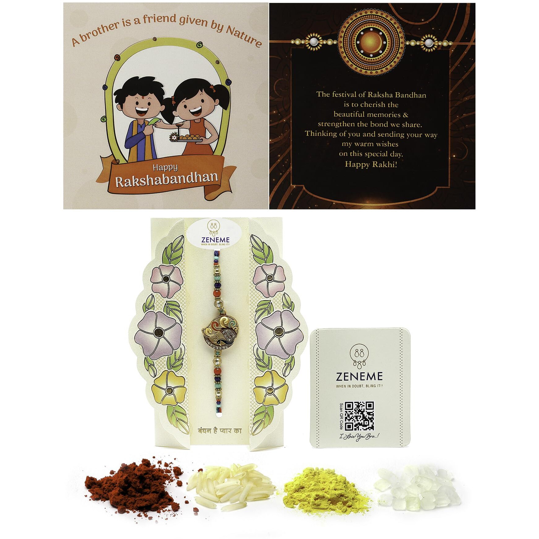 Zeneme Rakhi For Bhai Gold-Plated Craved & Enamelled Mor Rakhi With Roli Chawal And Raksha Bandhan Greeting Card For Bhaiya