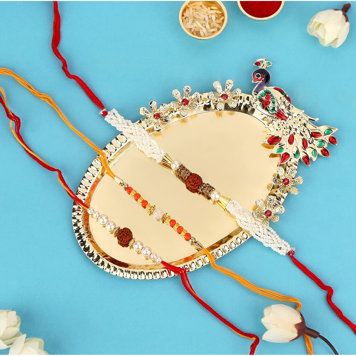 Accessher Traditional Gift Set Of 5 With Rudraksh & Beaded Rakhis Pack Of 3 For Brother With Peacock Pooja Thali, Roli Kumkum And Happy Rakshabandhan Card