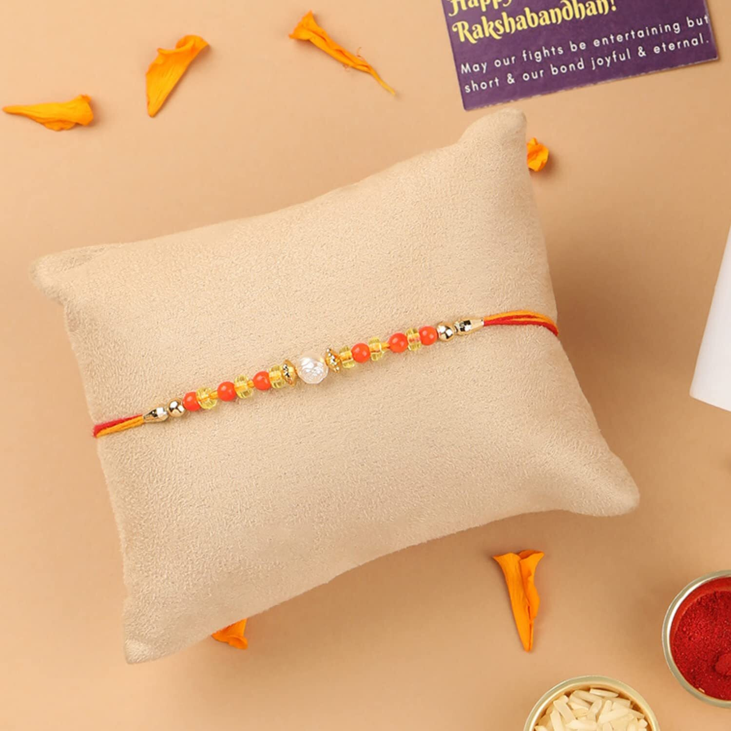 Accessher Traditional Gift Set Of 5 With Rudraksh & Beaded Rakhis Pack Of 3 For Brother With Peacock Pooja Thali, Roli Kumkum And Happy Rakshabandhan Card
