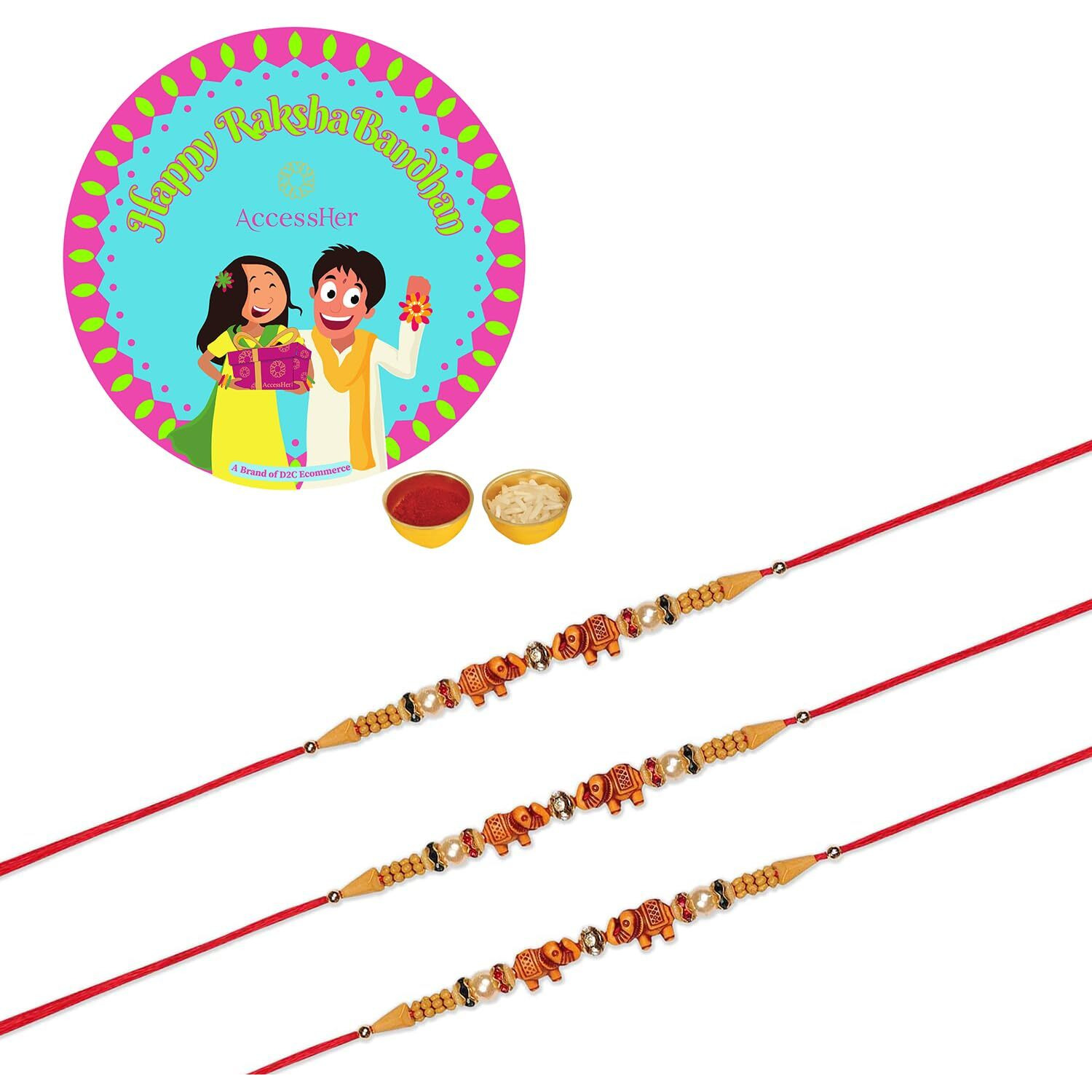 Accessher Traditional Elegant And Stylish Elephant Design Beads Rakhi For Beloved Brother Pack Of 3 Kids Rakhi With Roli Kumkum Packets, And Happy Rakshabandhan Card