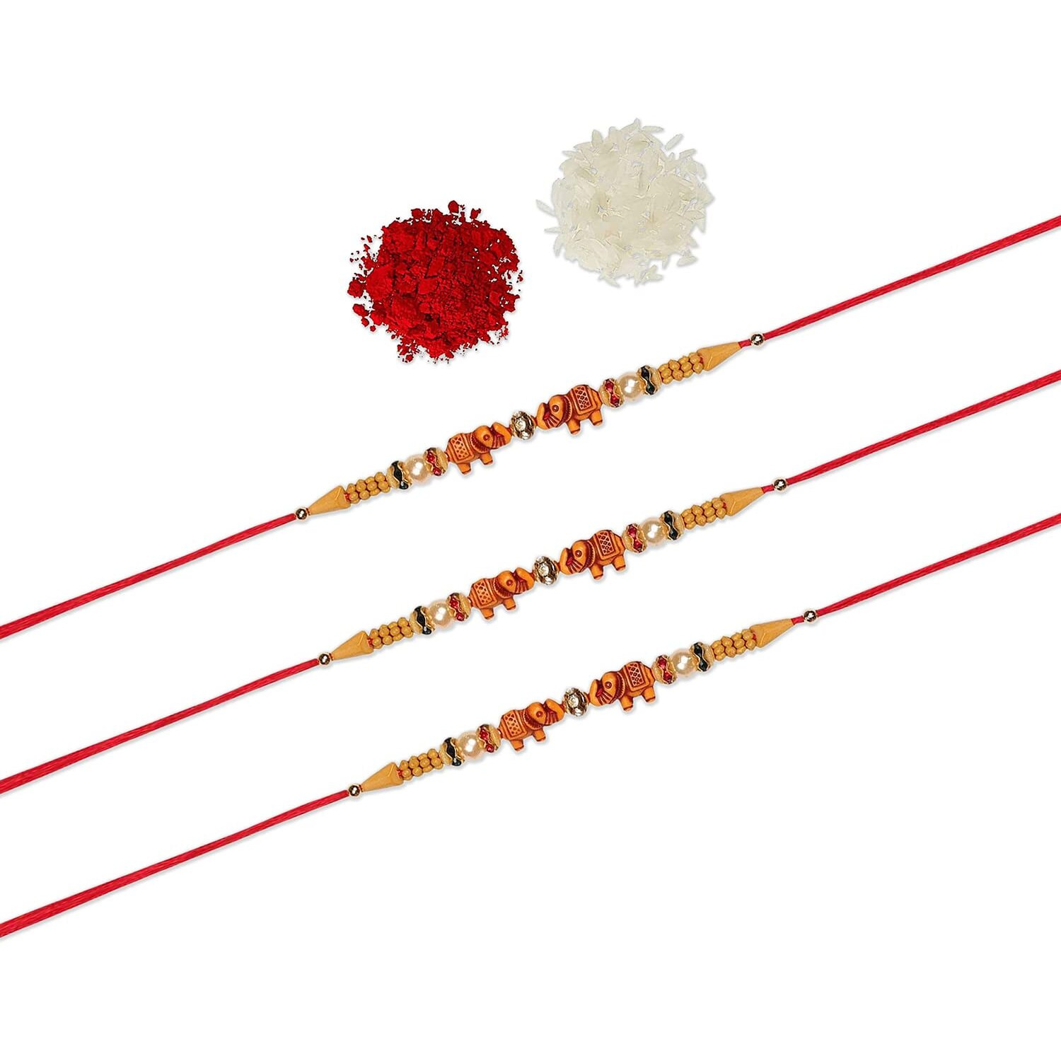 Accessher Traditional Elegant And Stylish Elephant Design Beads Rakhi For Beloved Brother Pack Of 3 Kids Rakhi With Roli Kumkum Packets, And Happy Rakshabandhan Card