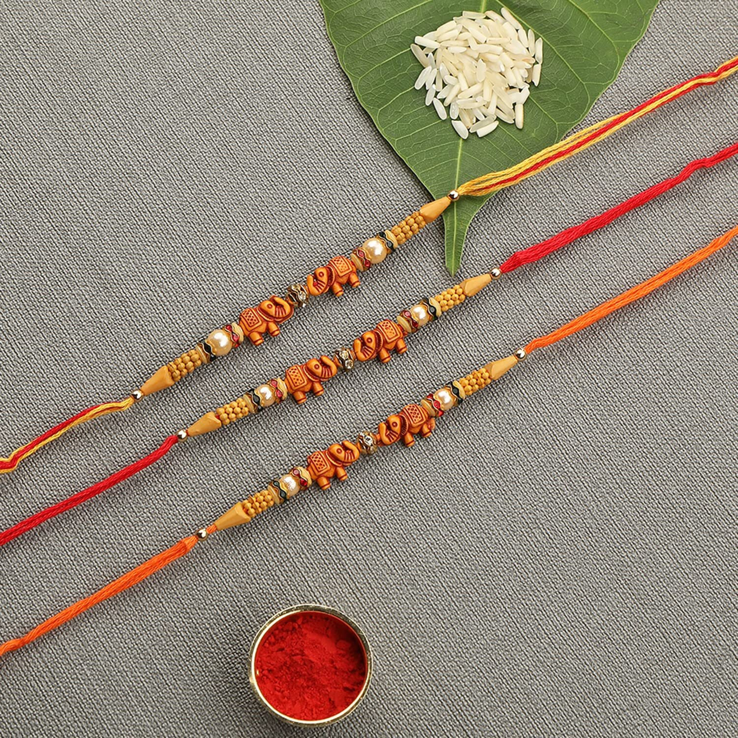 Accessher Traditional Elegant And Stylish Elephant Design Beads Rakhi For Beloved Brother Pack Of 3 Kids Rakhi With Roli Kumkum Packets, And Happy Rakshabandhan Card