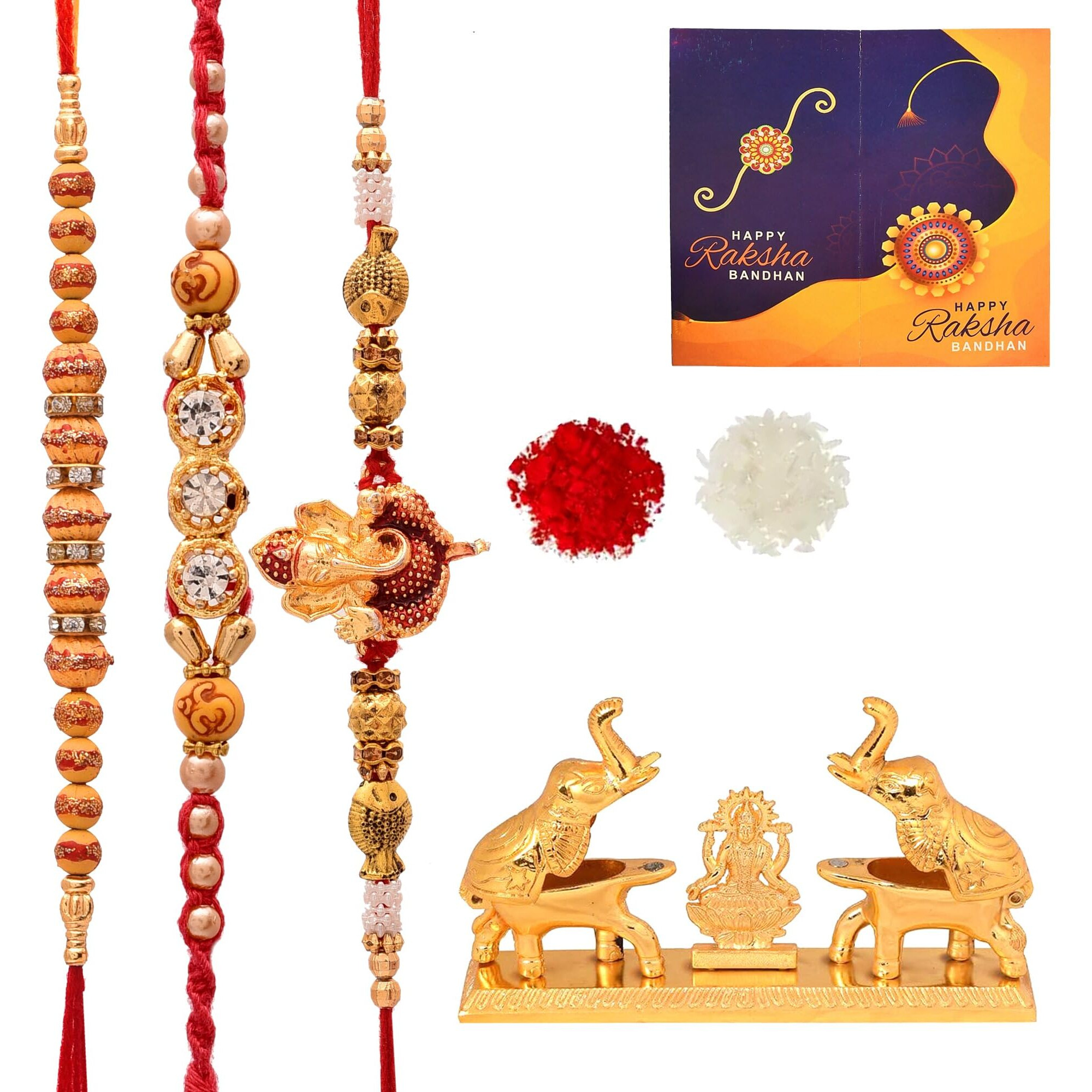 Yalambar Rakhi Gift For Brother [Gift Combo - |Rakhi Bhaiya Bhabhi Set With Metal Chandan Roli Kumkum Chawal Box (3 Rakhi Set With Double Sindoor Dani)-903-3