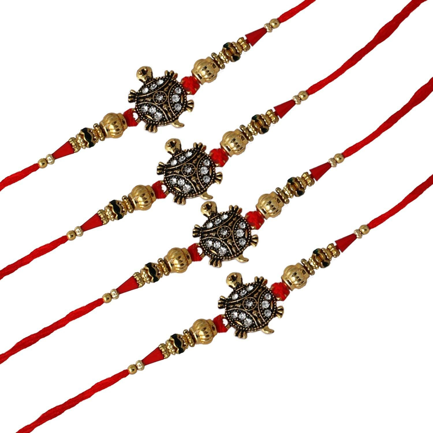 Kartik Designer Rakhi For Bhaiya & Bhabhi Set Of 4 Pieces With Roli Chawal Bottles & Greeting Card Colour Assorted