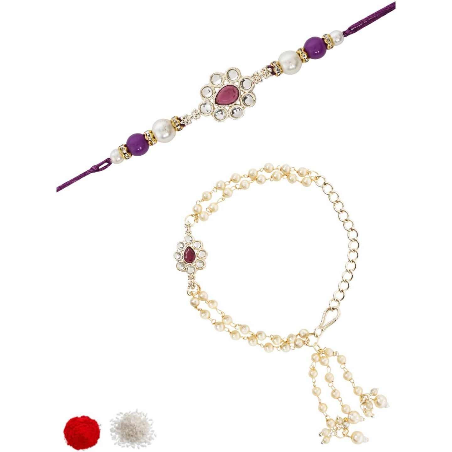 I Jewels Kundan & Pearl Bhaiya Bhabhi Lumba Bracelet Rakhi Combo Set With Roli Chawal & Rakshabandhan Greeting Card For Unisex Adult (R148-Co) (Wine)