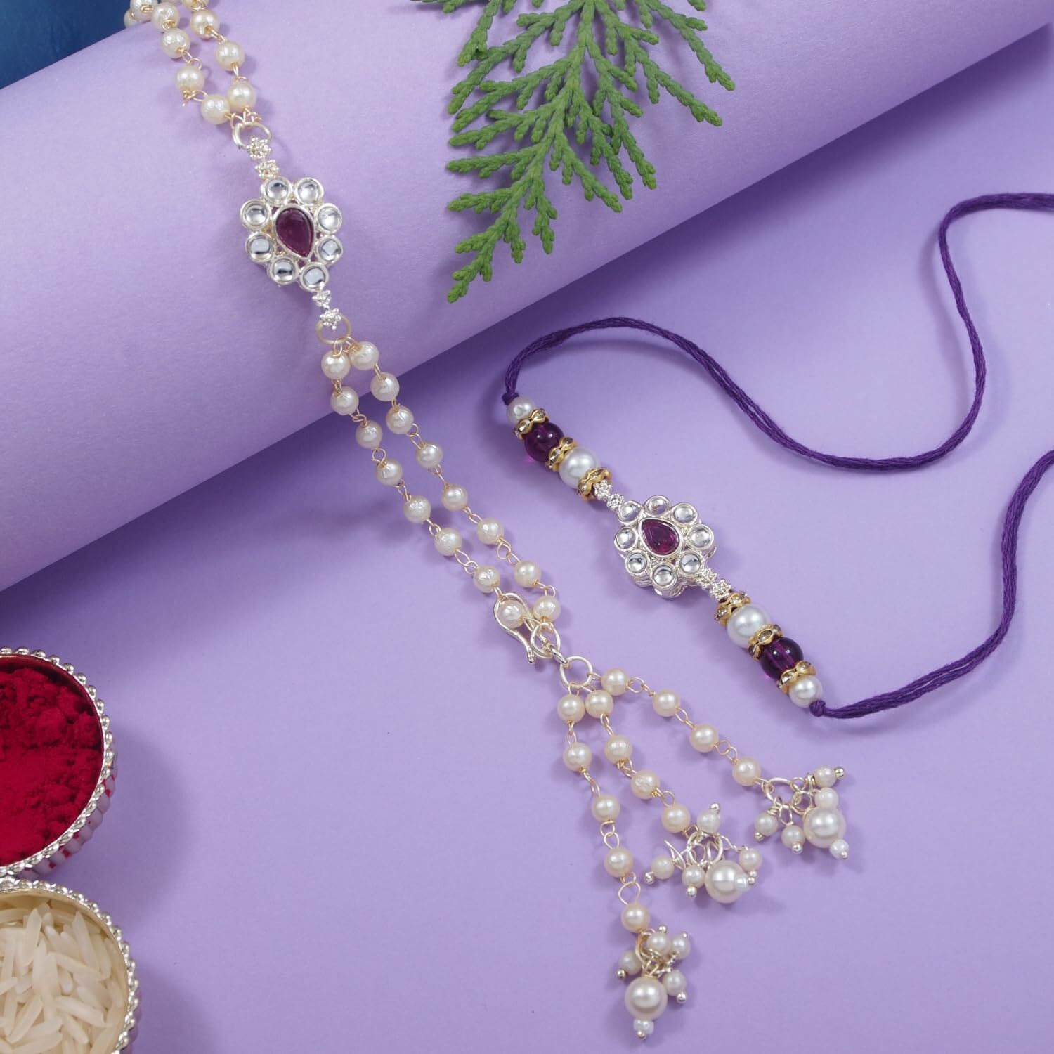 I Jewels Kundan & Pearl Bhaiya Bhabhi Lumba Bracelet Rakhi Combo Set With Roli Chawal & Rakshabandhan Greeting Card For Unisex Adult (R148-Co) (Wine)