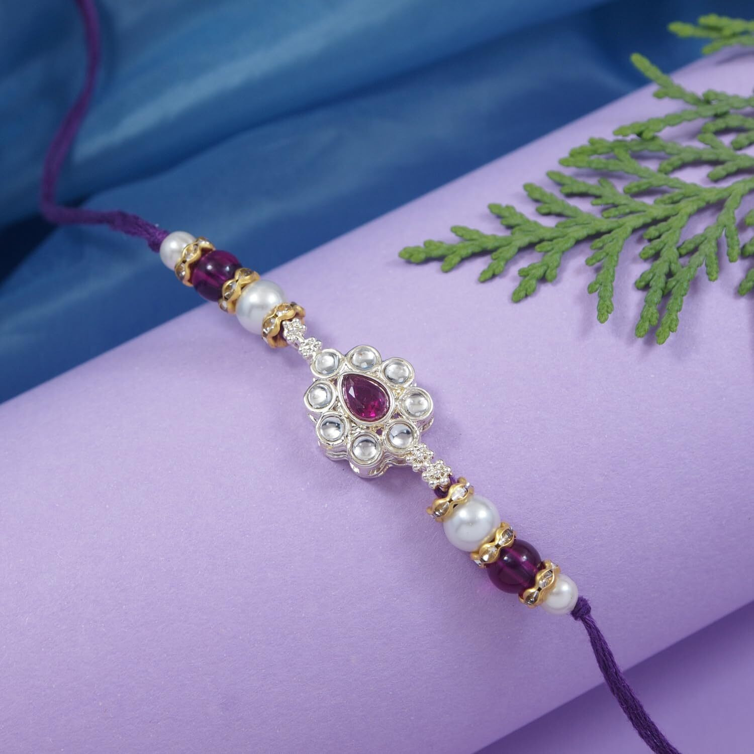 I Jewels Kundan & Pearl Bhaiya Bhabhi Lumba Bracelet Rakhi Combo Set With Roli Chawal & Rakshabandhan Greeting Card For Unisex Adult (R148-Co) (Wine)