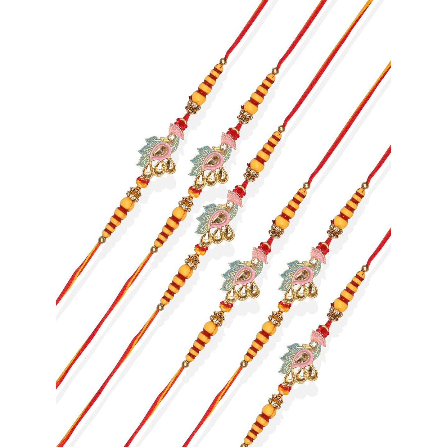 Accessher Designer Peacock Motif Enamel/Meenkari Rakhi For Brother | Rakhi Combo For Brother And Bhabhi - Pack Of 6 With Roli, Rice, Kumkum Packets & Happy Raksha Bandhan Card