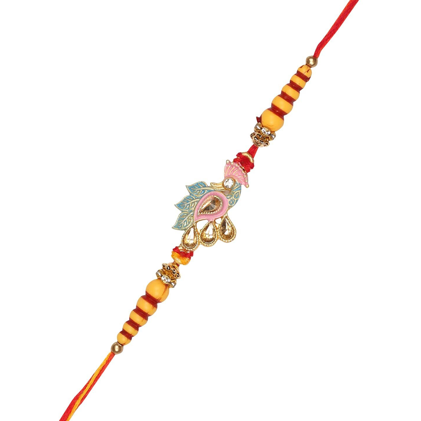 Accessher Designer Peacock Motif Enamel/Meenkari Rakhi For Brother | Rakhi Combo For Brother And Bhabhi - Pack Of 6 With Roli, Rice, Kumkum Packets & Happy Raksha Bandhan Card