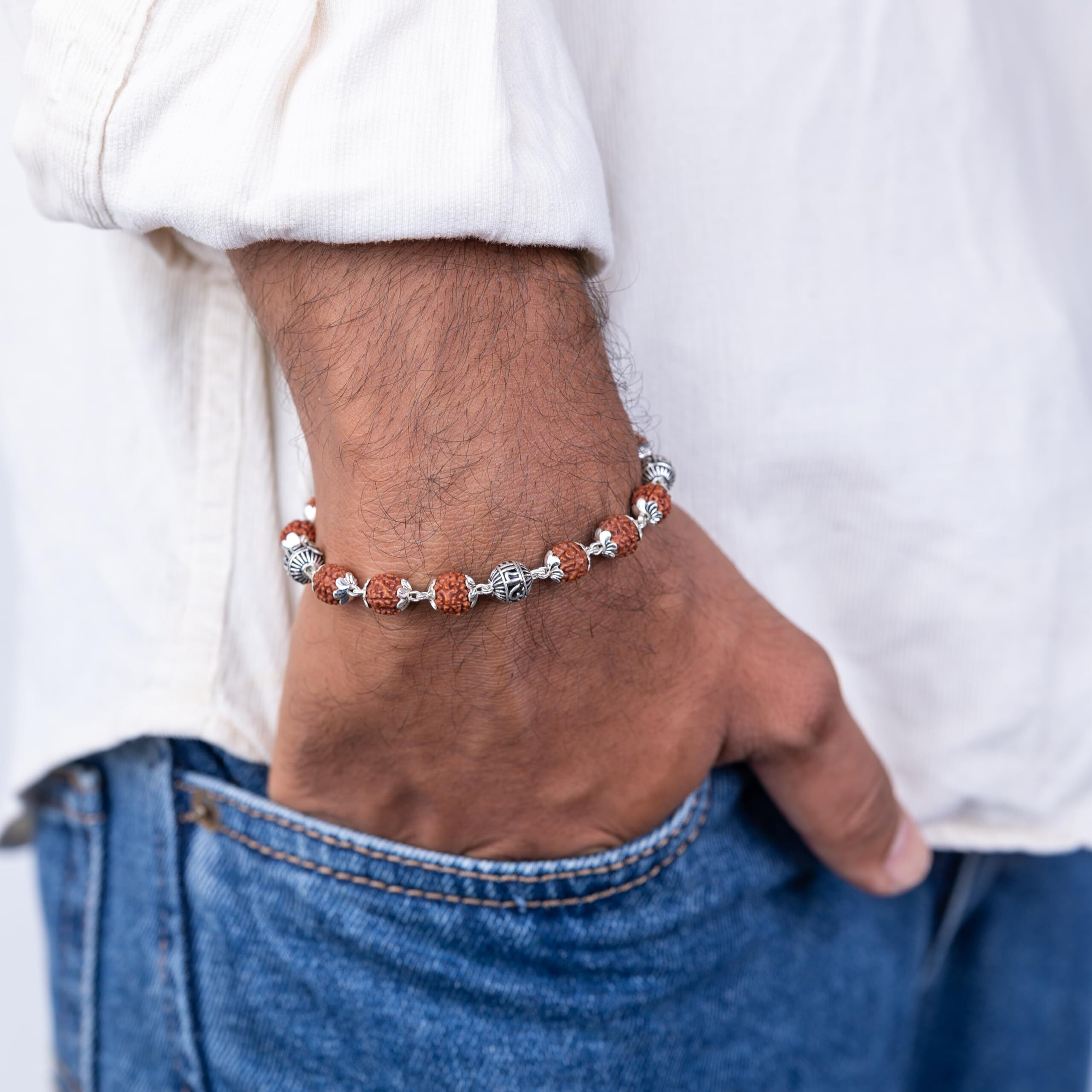 Hem Jewels Pure Silver Rudraksha Rakhi For Brother | 925 Silver Bracelet For Boys And Men | Silver Bracelet Rakhi | Silver Rakhi For Brother | Design Om Namah Shivay Beads (Hjrkh9-82)