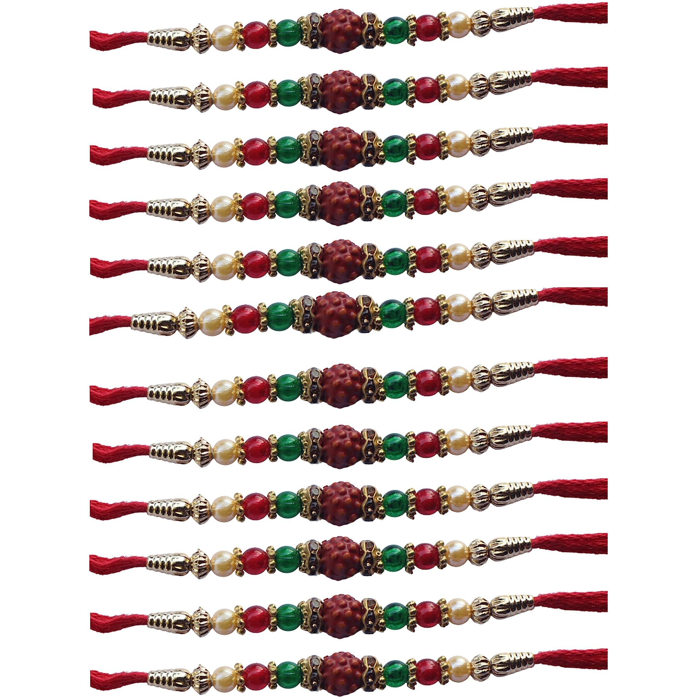 Kartik Designer Rudraksh Rakhi Set/Combo/Pack Of 12 Dora/Rakhi/Dhaga With Roli Chawal Bottles & Greeting Card Pack Of 12