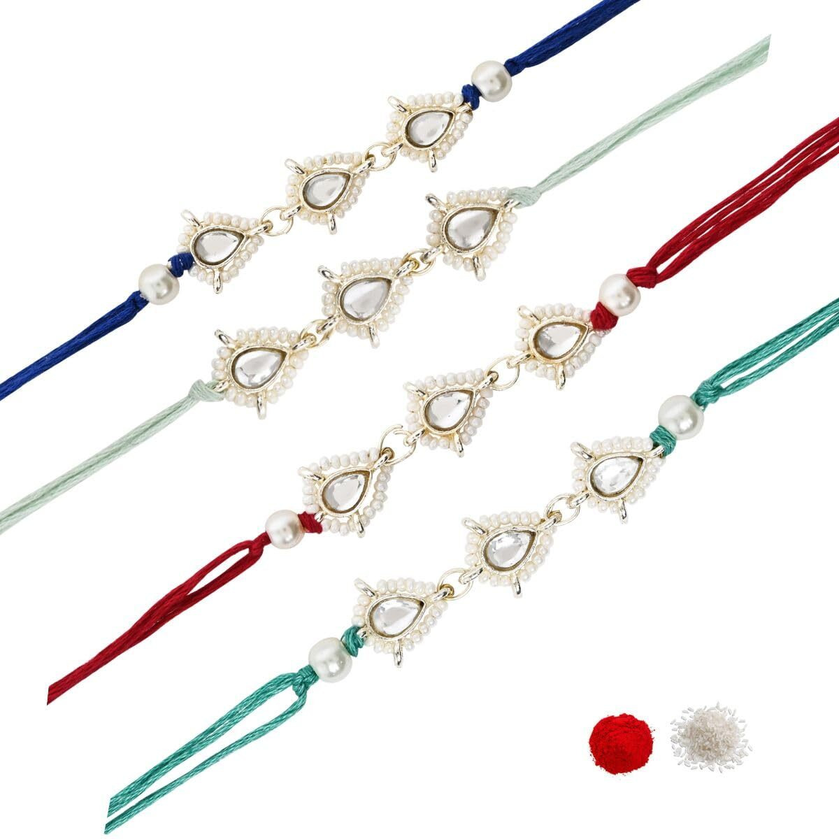 I Jewels Kundan & Pearl Combo Bhaiya Rakhi With Roli Chawal For Brother/Bro/Men With Rakshabandhan Greeting Card (R147-Bl-Min-M-G)(Set Of 4)